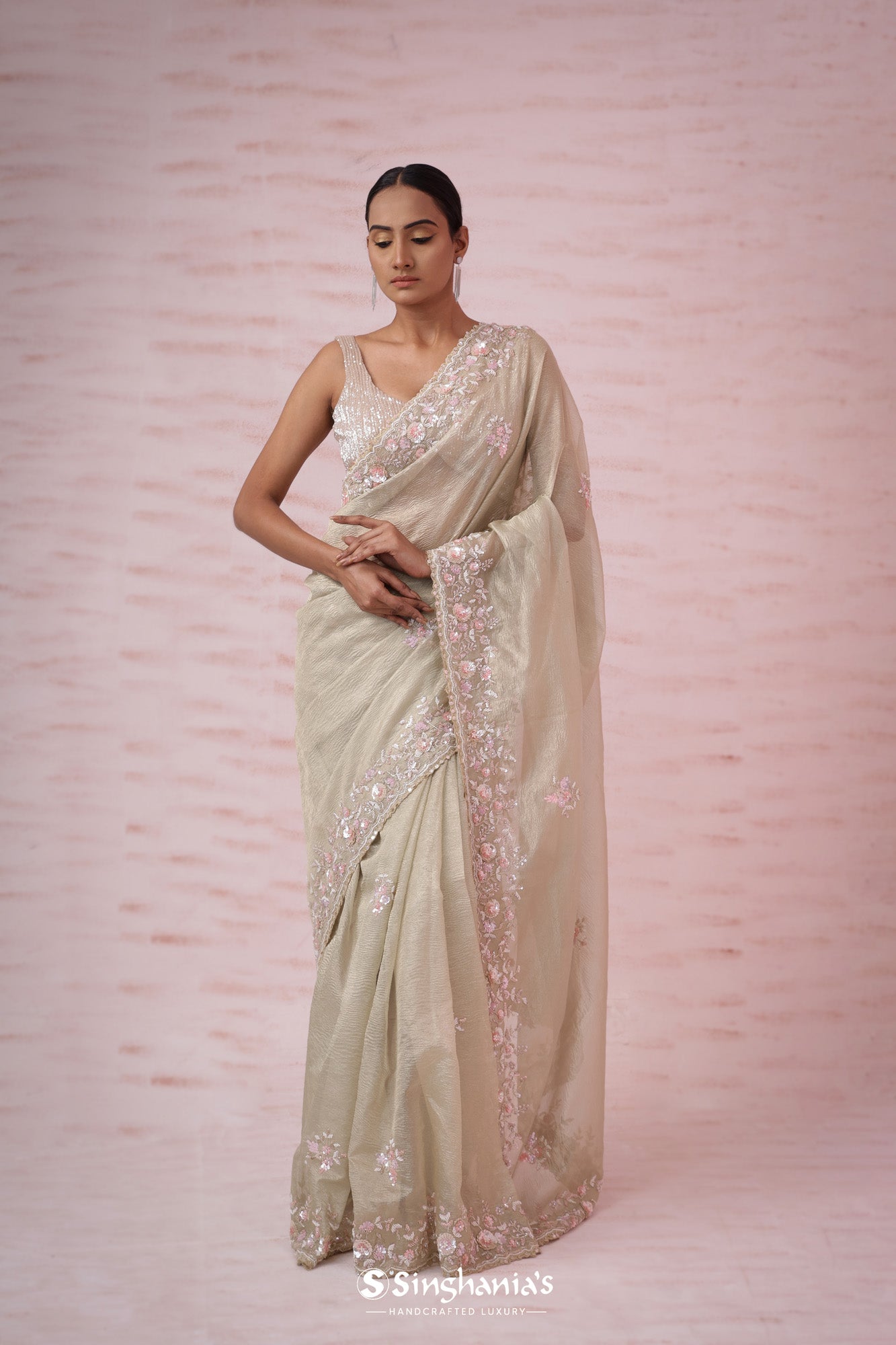 Pale Green Crushed Tissue Organza Saree With Butti Embroidery