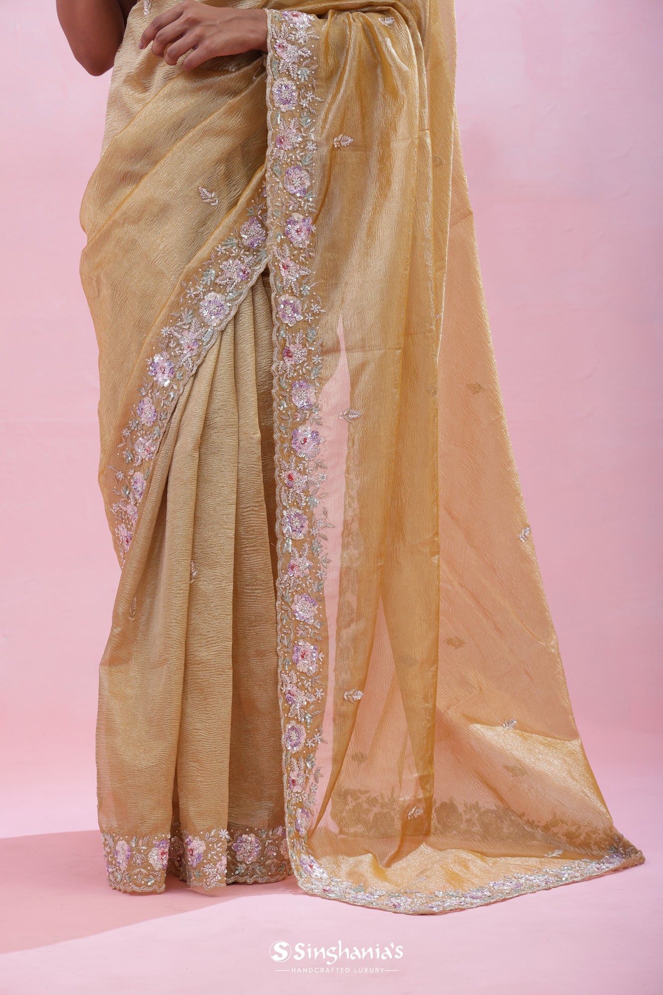 Metallic Gold Crushed Tissue Organza Saree With Hand Embroidery