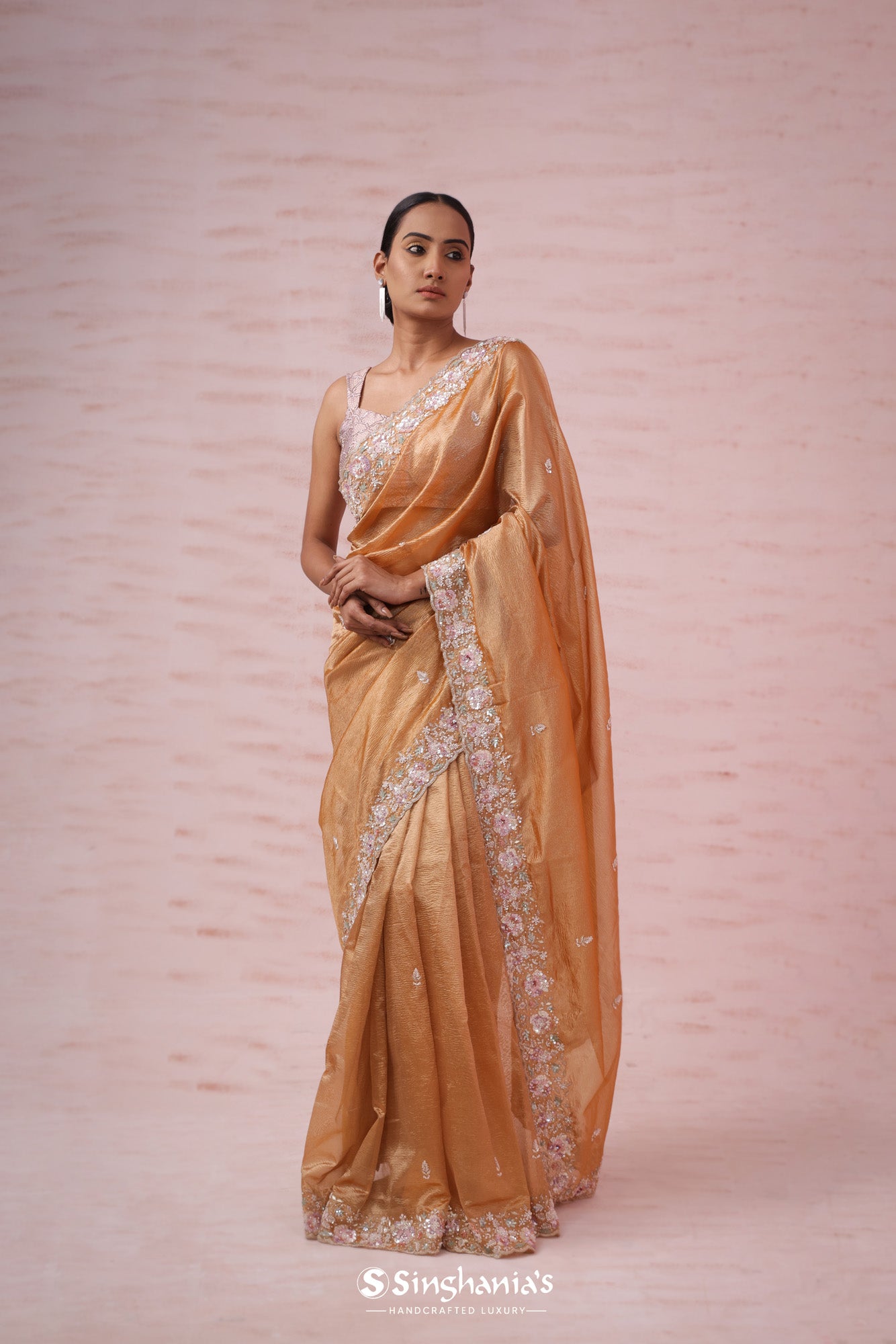 Fawn Gold Tissue Organza Saree With Butti Embroidery