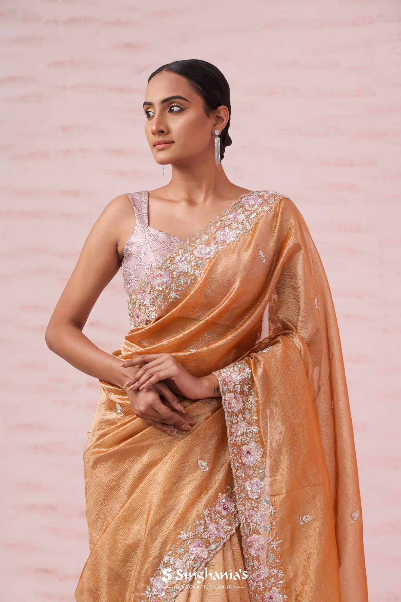 Fawn Gold Tissue Organza Saree With Butti Embroidery