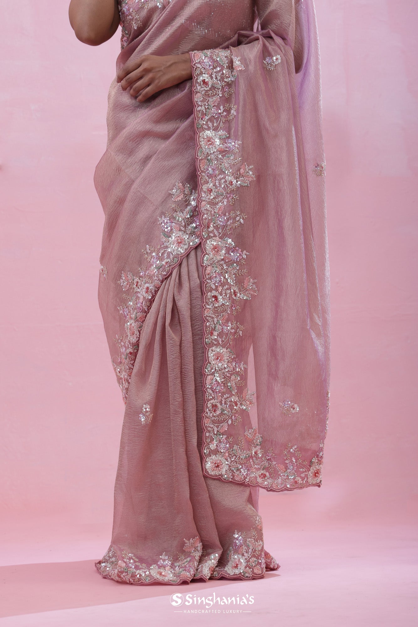 Pale Pink Crushed Tissue Organza Saree With Hand Embroidery