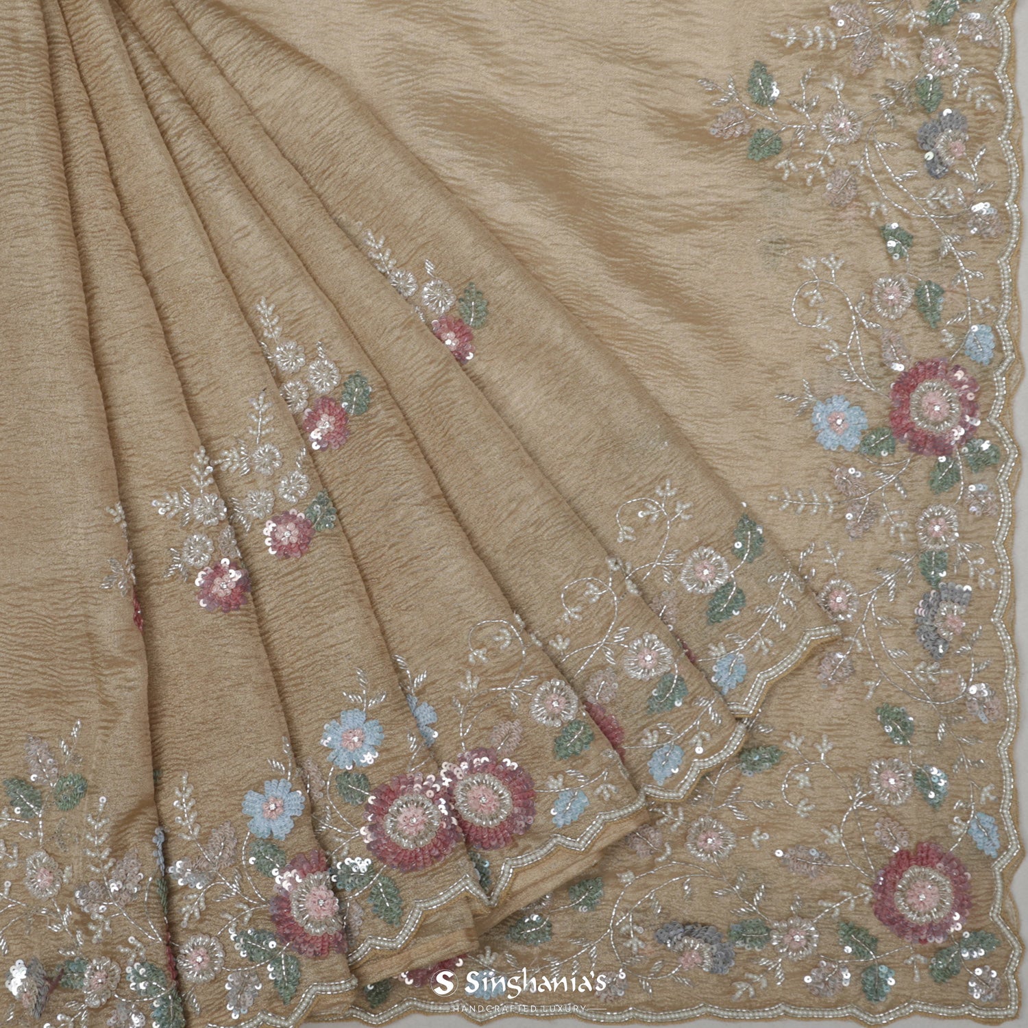 Brown-Beige Crushed Tissue Organza Saree With Hand Embroidery
