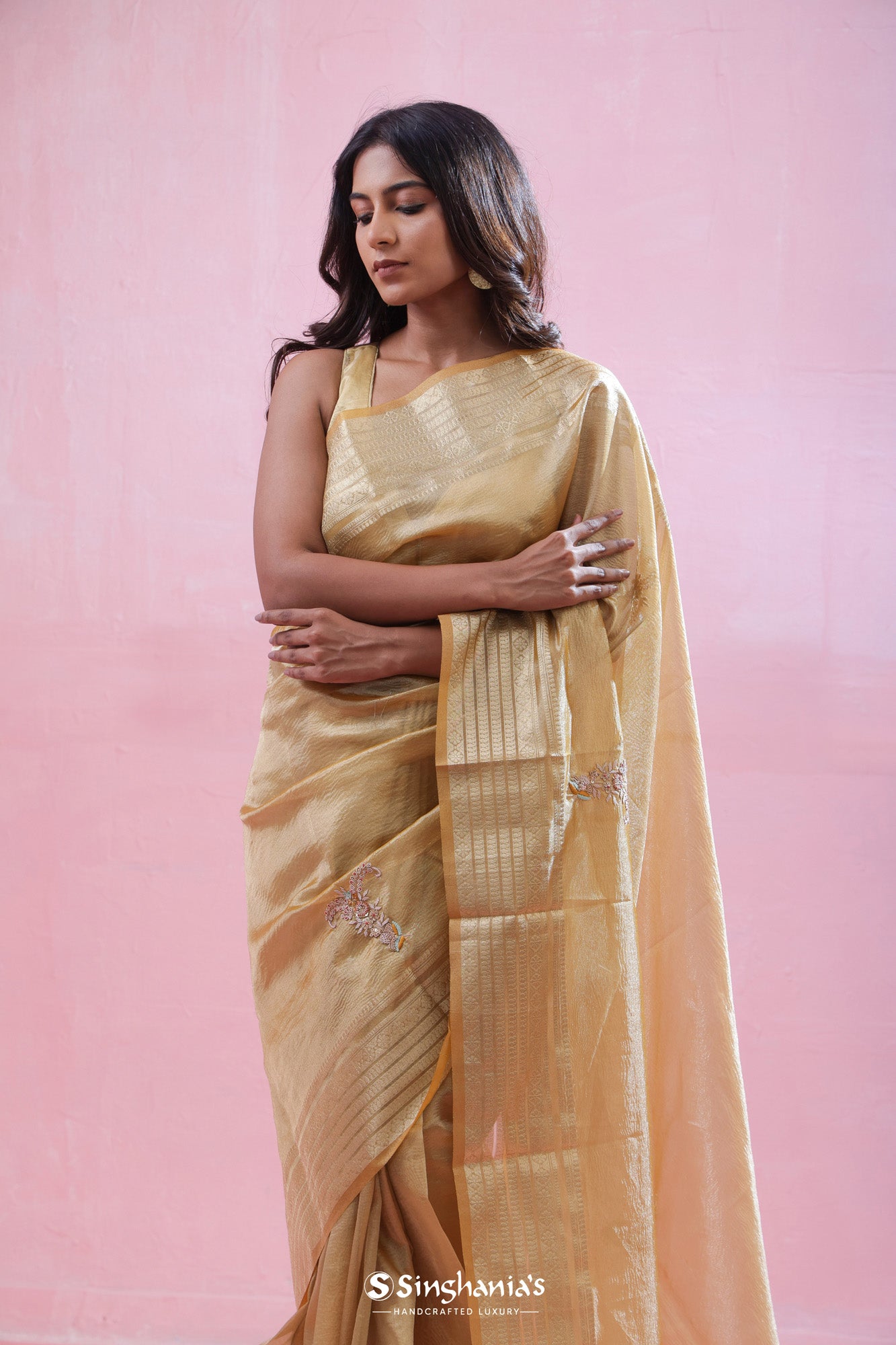 Champagne Gold Tissue Organza Saree With Hand Embroidery