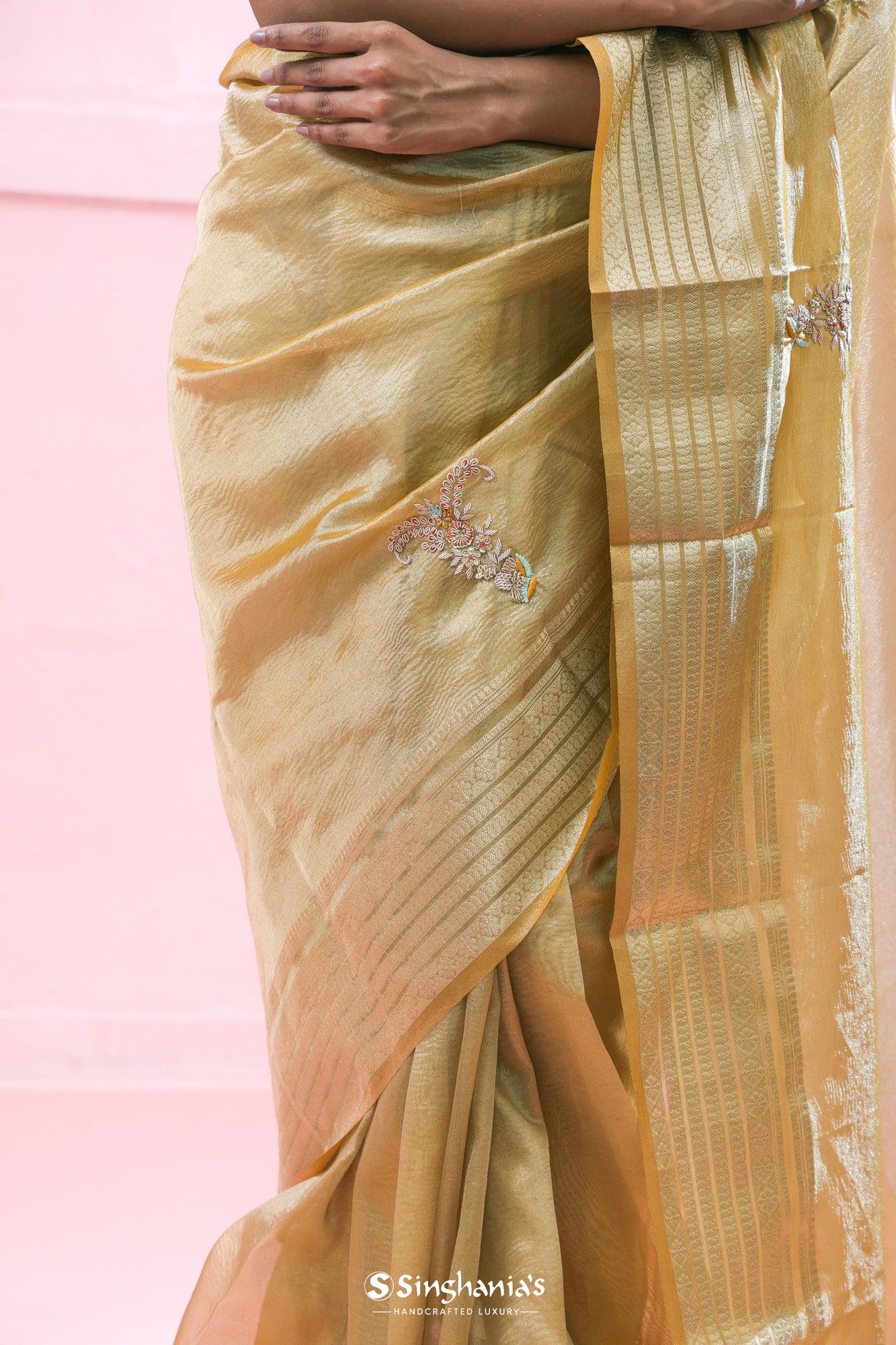 Champagne Gold Tissue Organza Saree With Hand Embroidery