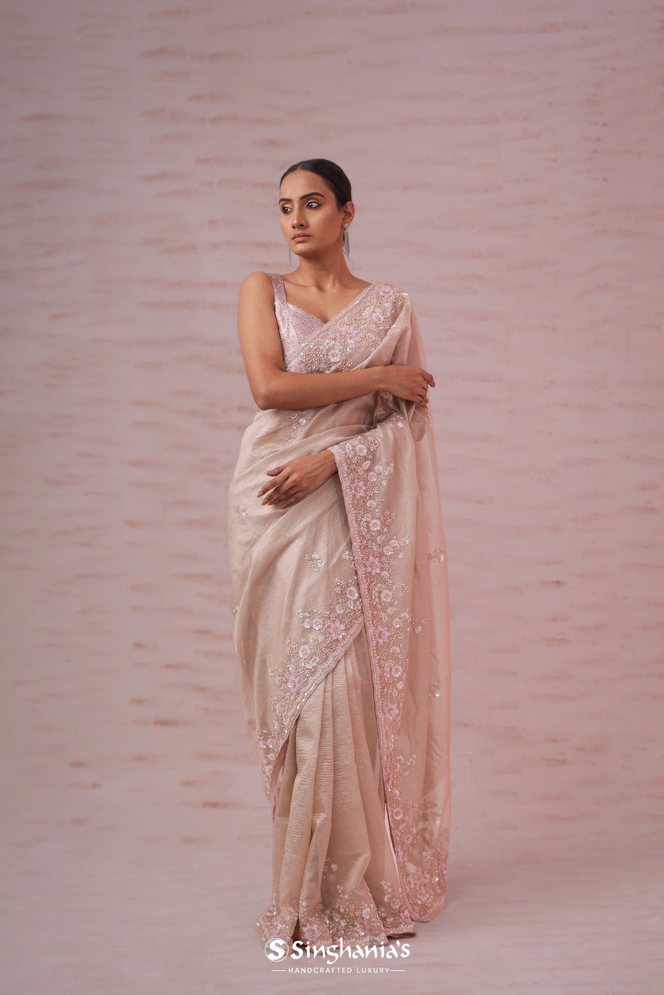 Pastel Peach Crushed Tissue Organza Saree With Butti Embroidery
