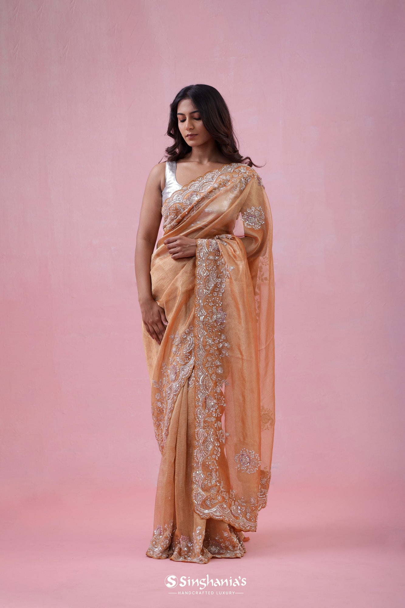 Apricot Peach Crushed Tissue Organza Saree With Hand Embroidery