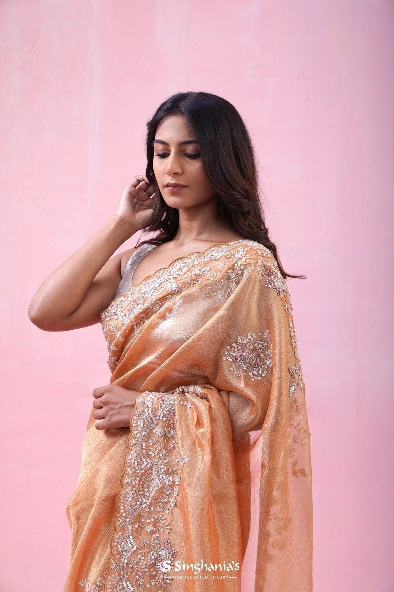 Apricot Peach Crushed Tissue Organza Saree With Hand Embroidery