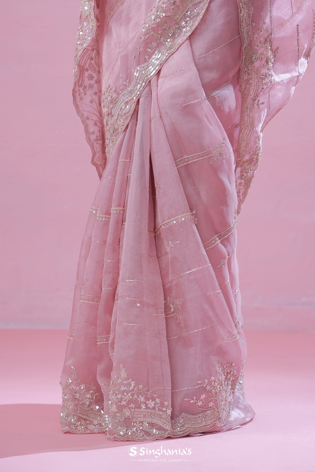 Pastel Pink Tissue Organza Saree With Hand Embroidery