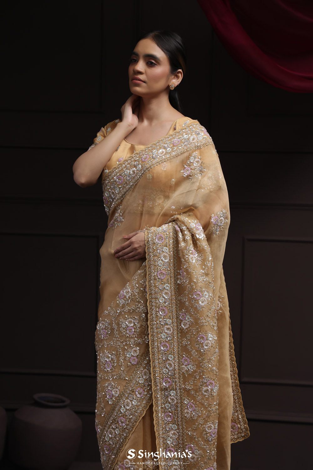 Light Orange Tissue Designer Saree With Floral Embroidery
