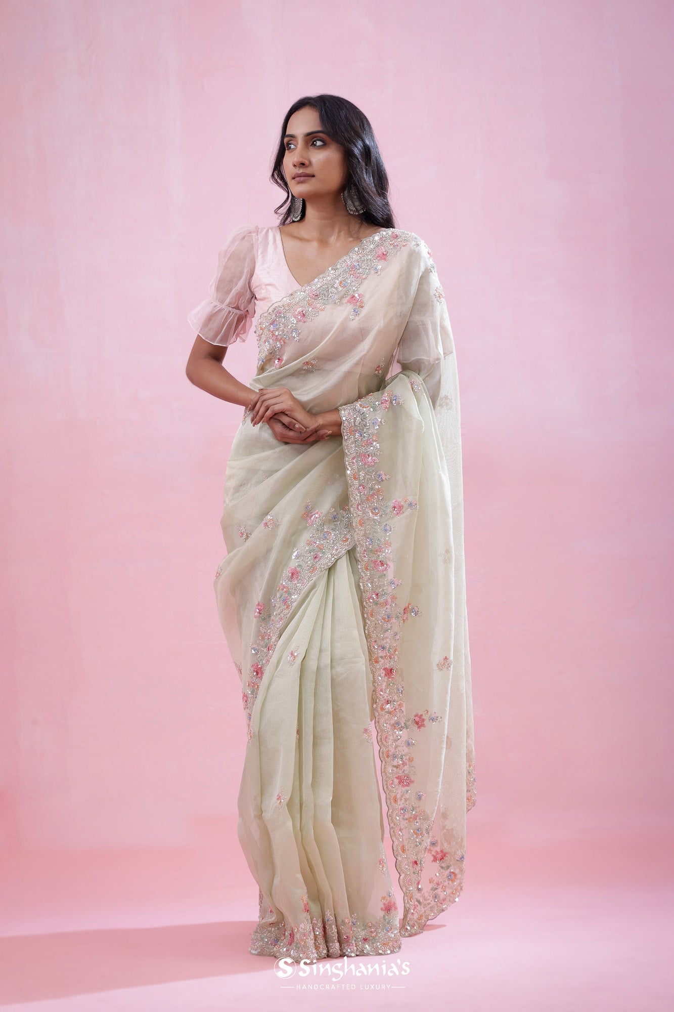 Pale Mint Green Tissue Organza Saree With Hand Embroidery