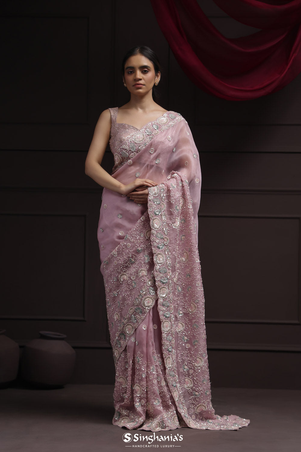 Thistle Purple Tissue Designer Saree With Floral Embroidery