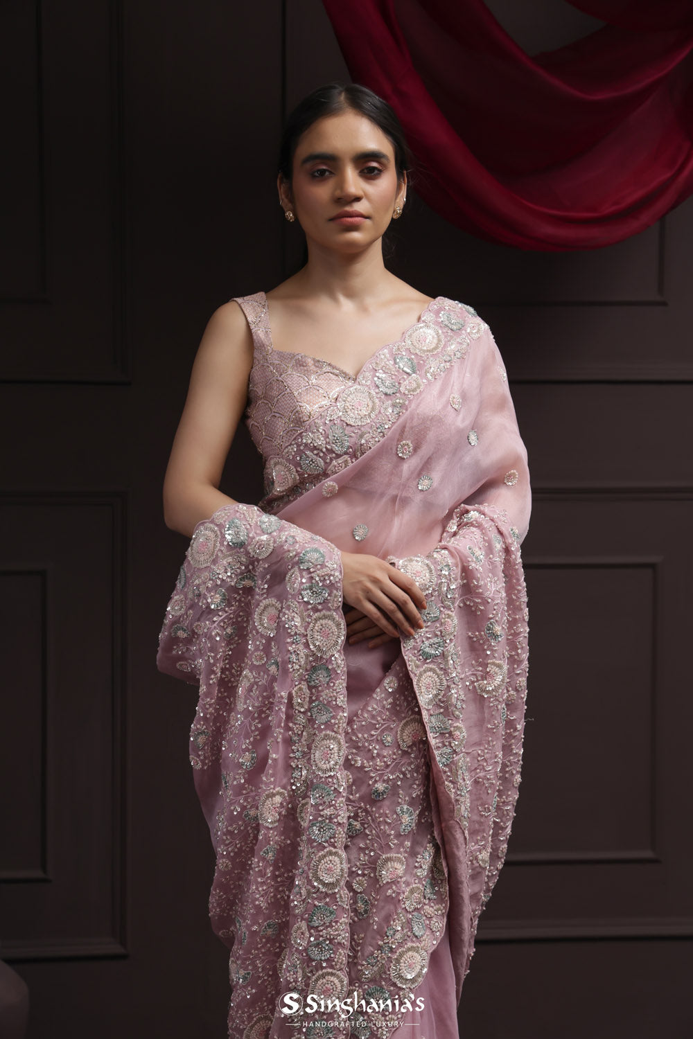 Thistle Purple Tissue Designer Saree With Floral Embroidery