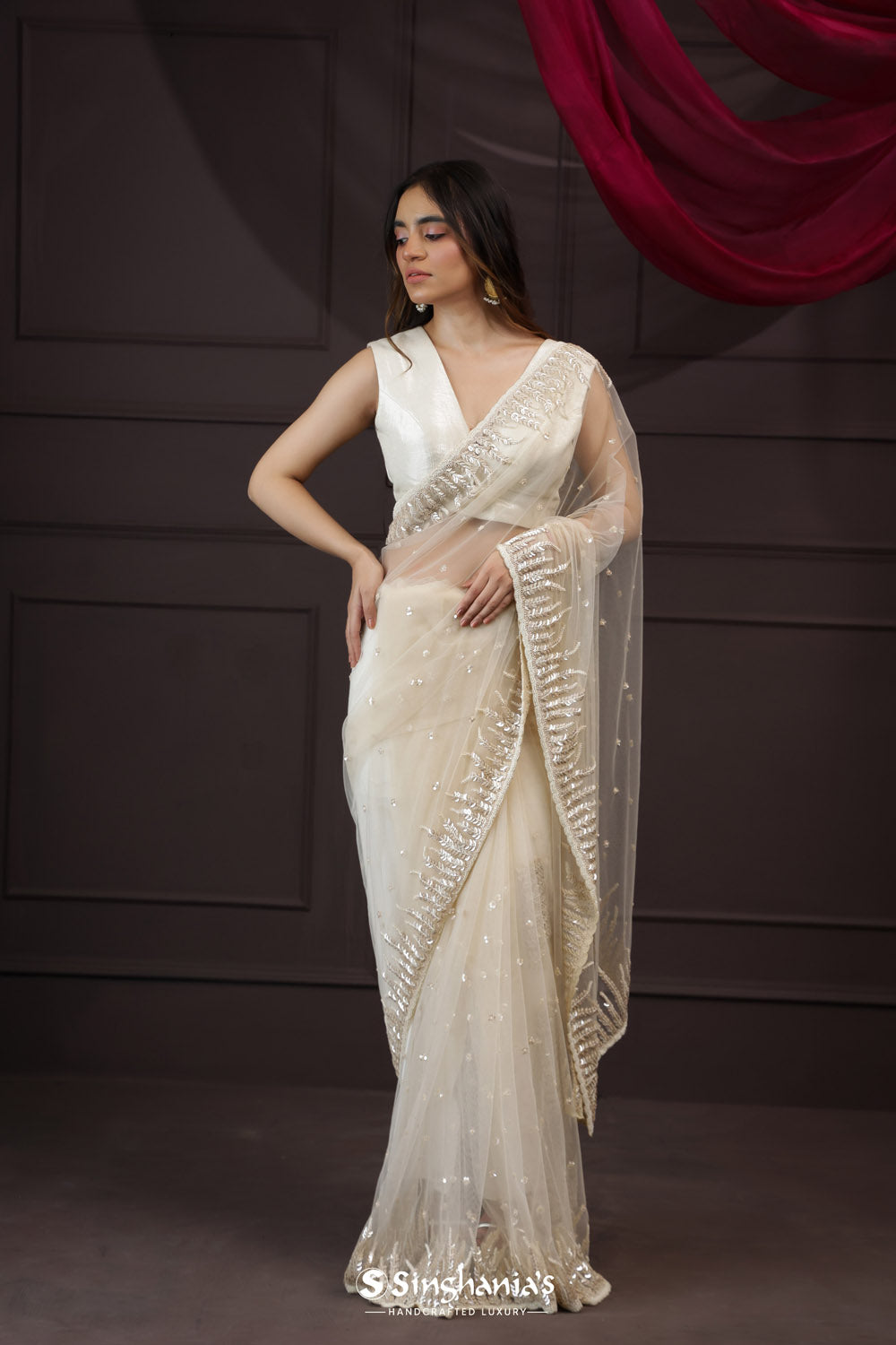 Delicate White Tissue Designer Saree With Floral Embroidery