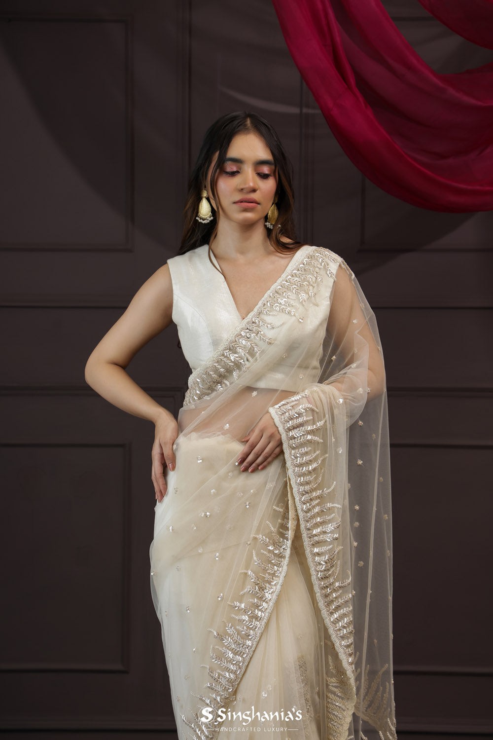 Delicate White Tissue Designer Saree With Floral Embroidery