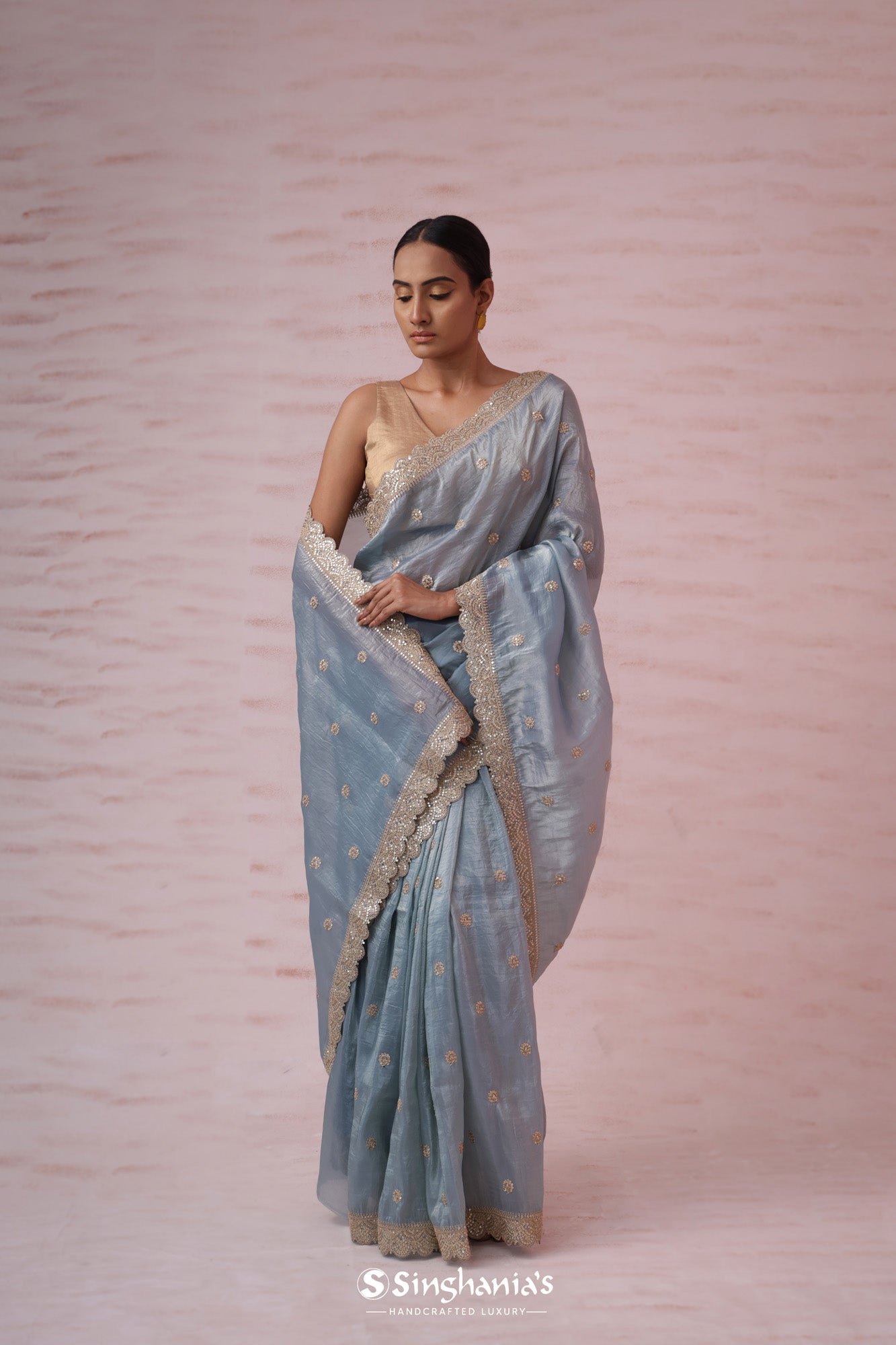 Pastel Blue Tissue Organza Saree With Butti Embroidery