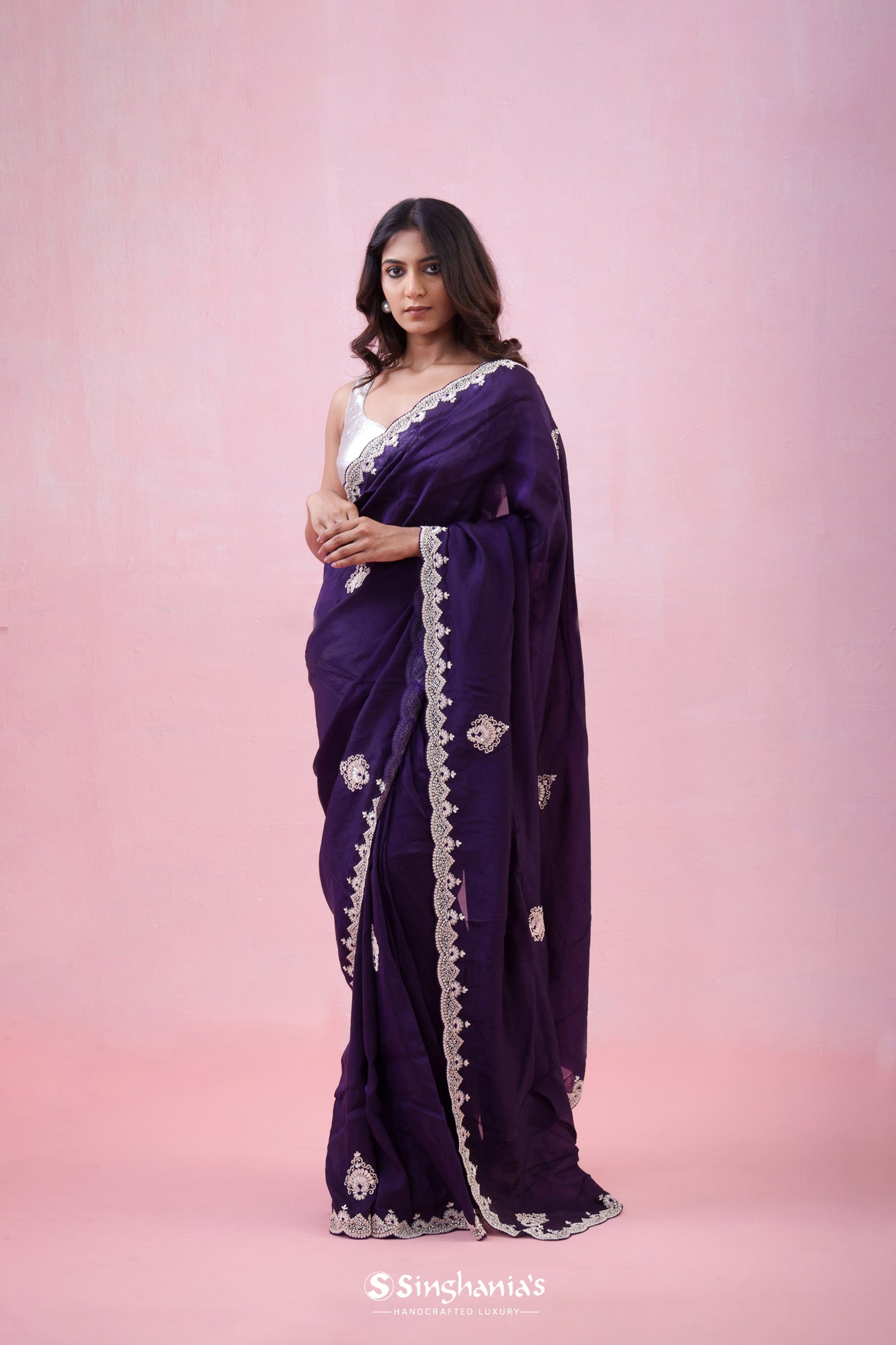 Russian Violet Organza Saree With Hand Embroidery