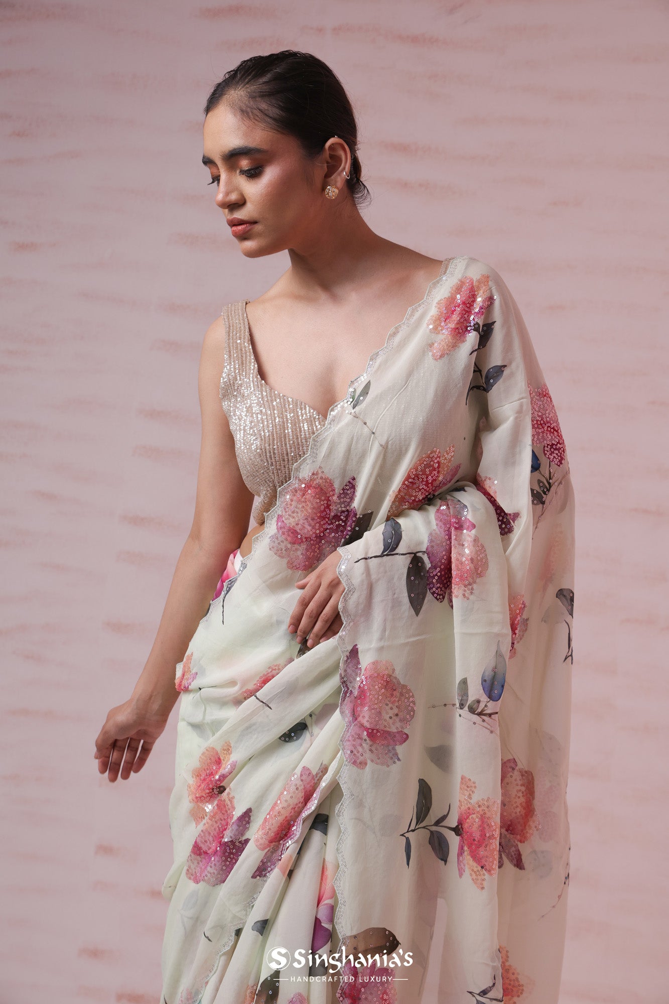 Peppermint White Printed Georgette Saree With Hand Embroidery