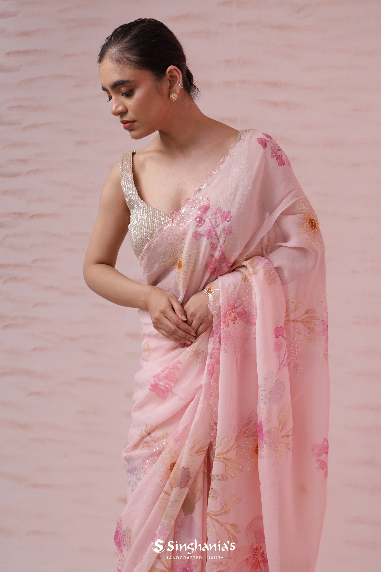 Baby Pink Printed Georgette Saree With Hand Embroidery