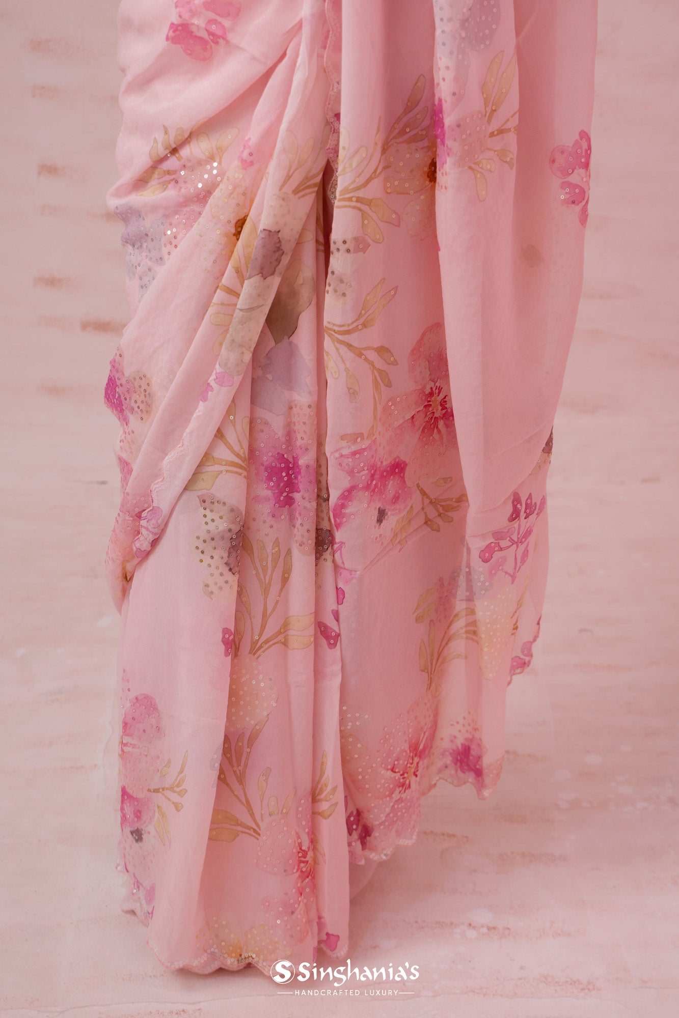 Baby Pink Printed Georgette Saree With Hand Embroidery