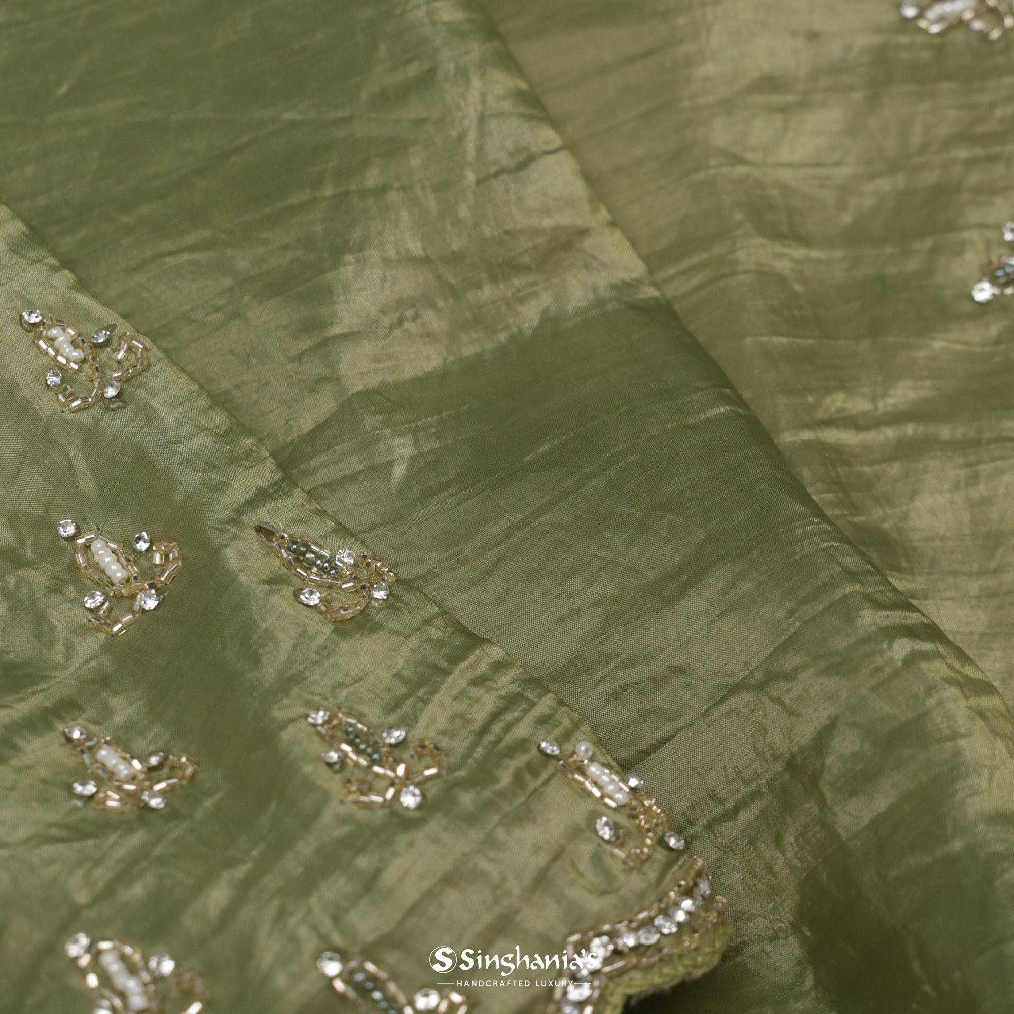 Olive Green Organza Saree With Hand Embroidery