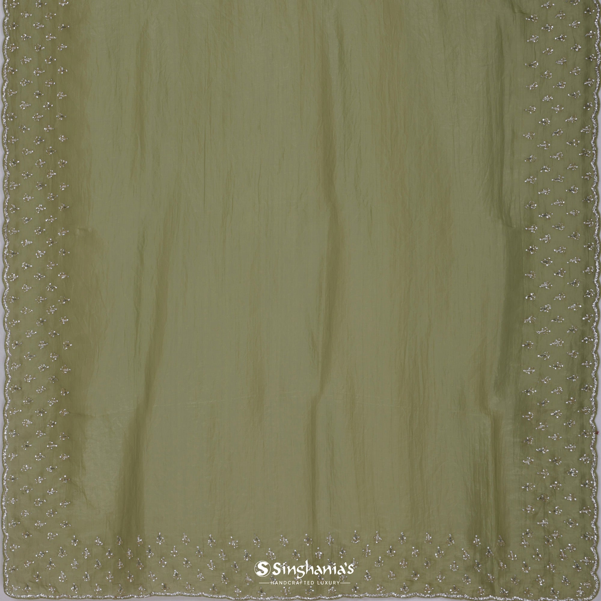 Olive Green Organza Saree With Hand Embroidery