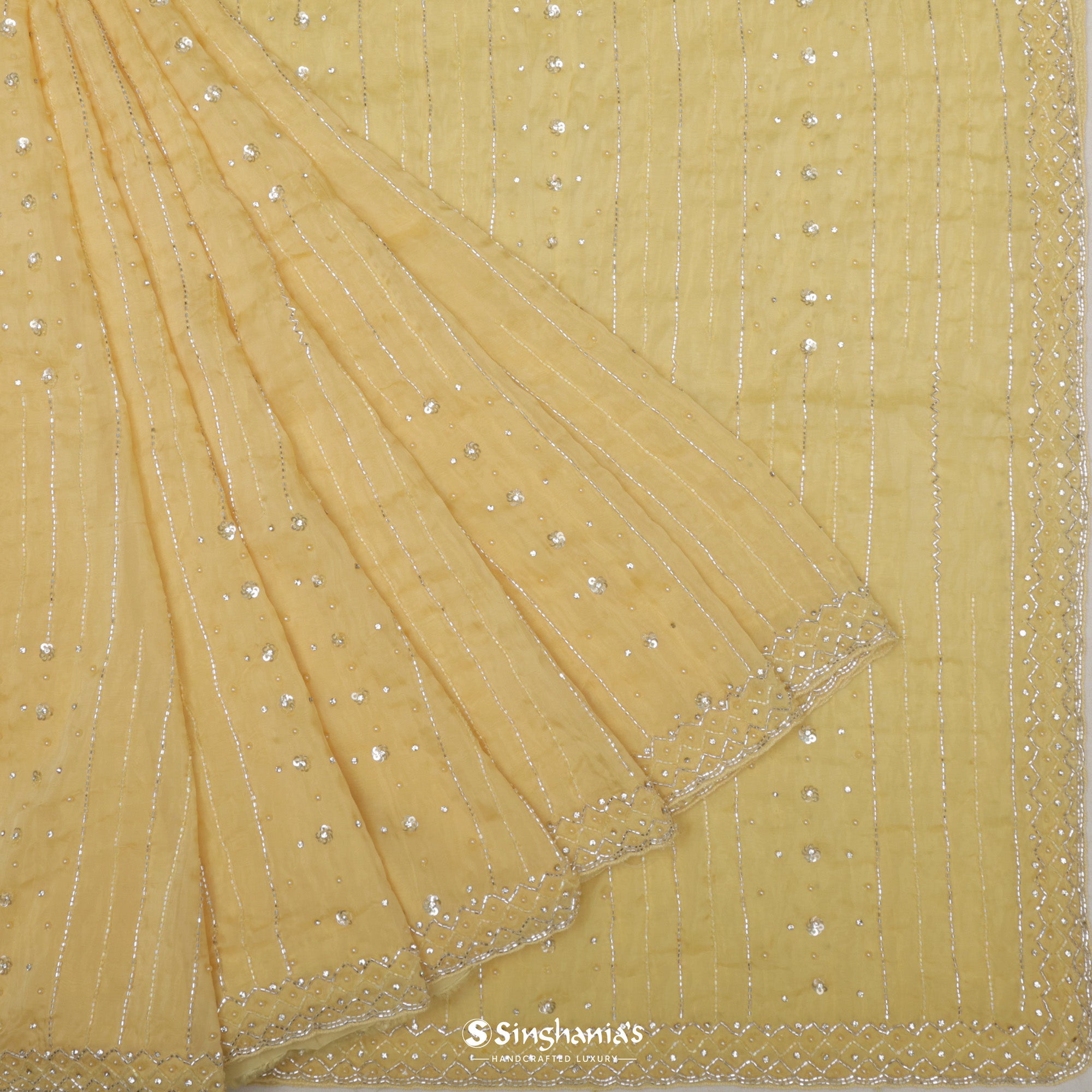 Flax Yellow Organza Saree With Hand Embroidery