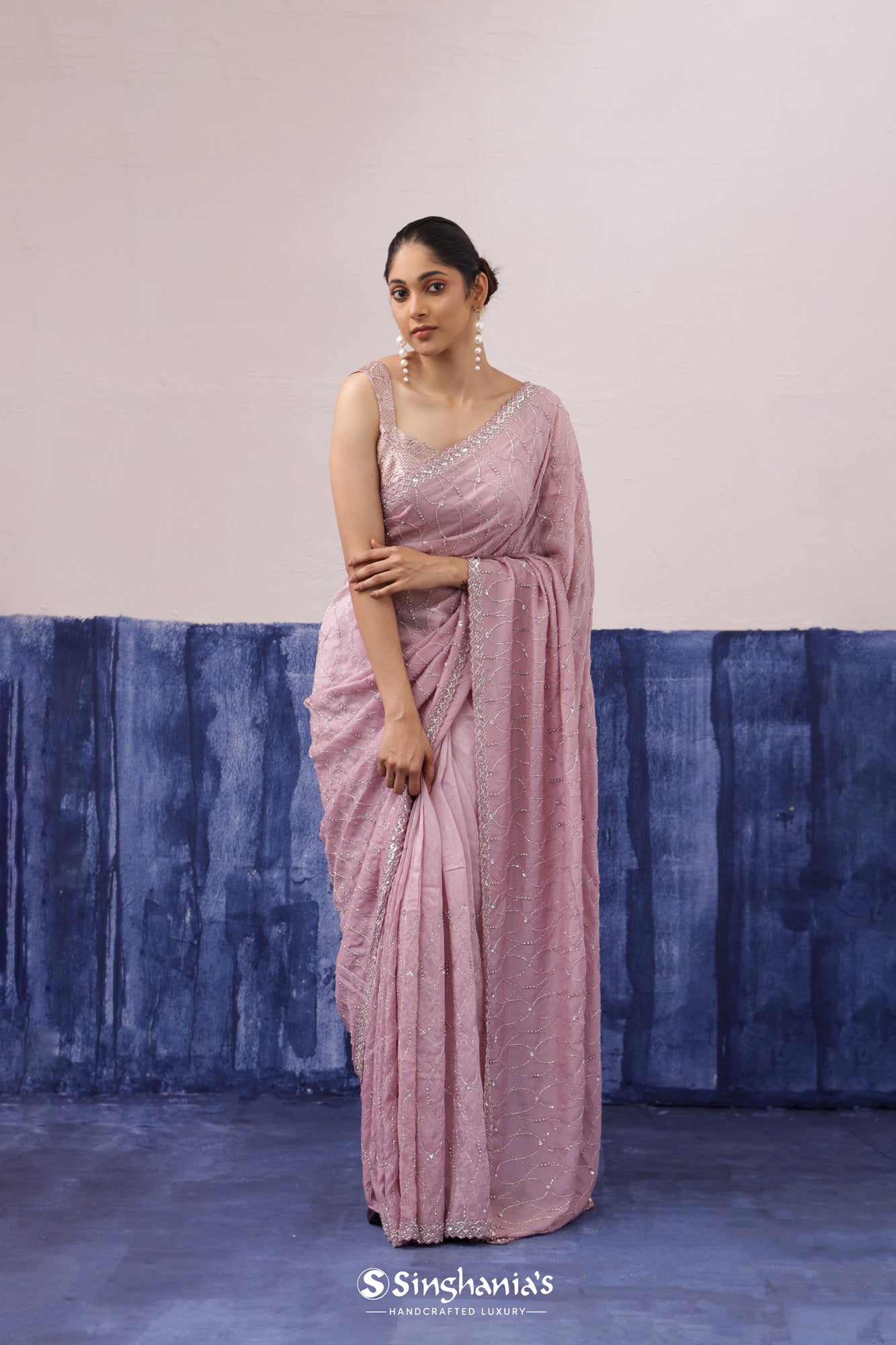 Thistle Purple Organza Saree With Hand Embroidery