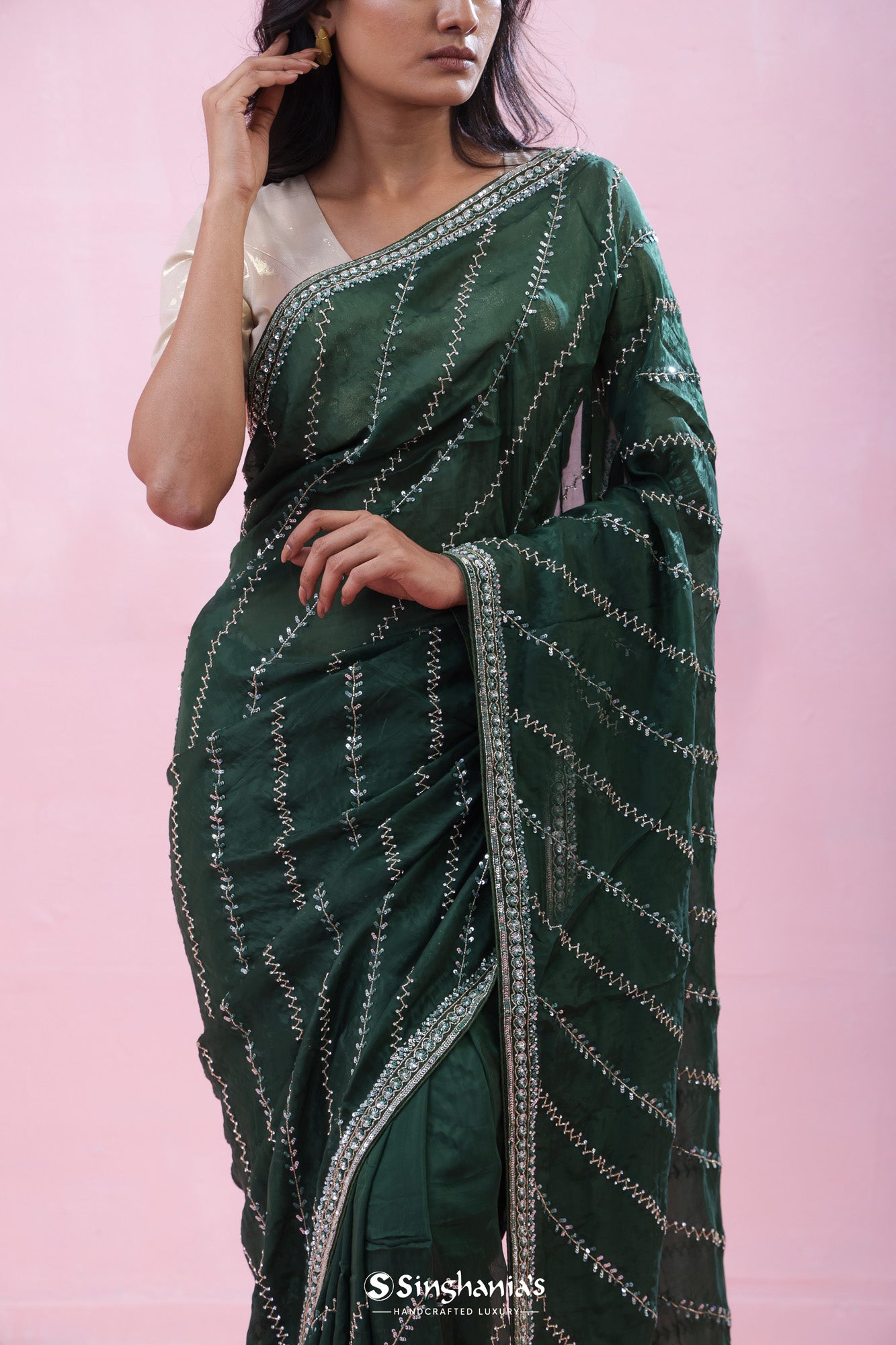 Bottle Green Tissue Organza Saree With Hand Embroidery