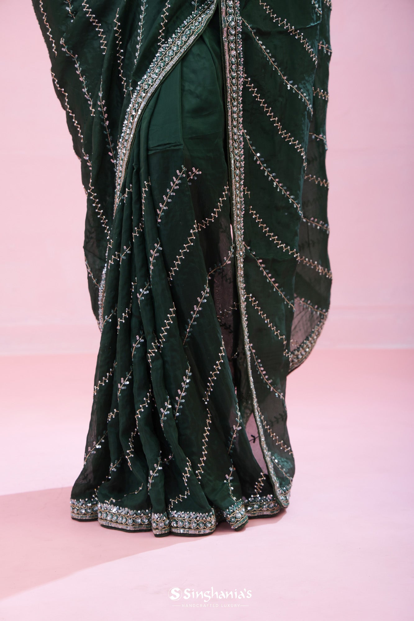 Bottle Green Tissue Organza Saree With Hand Embroidery