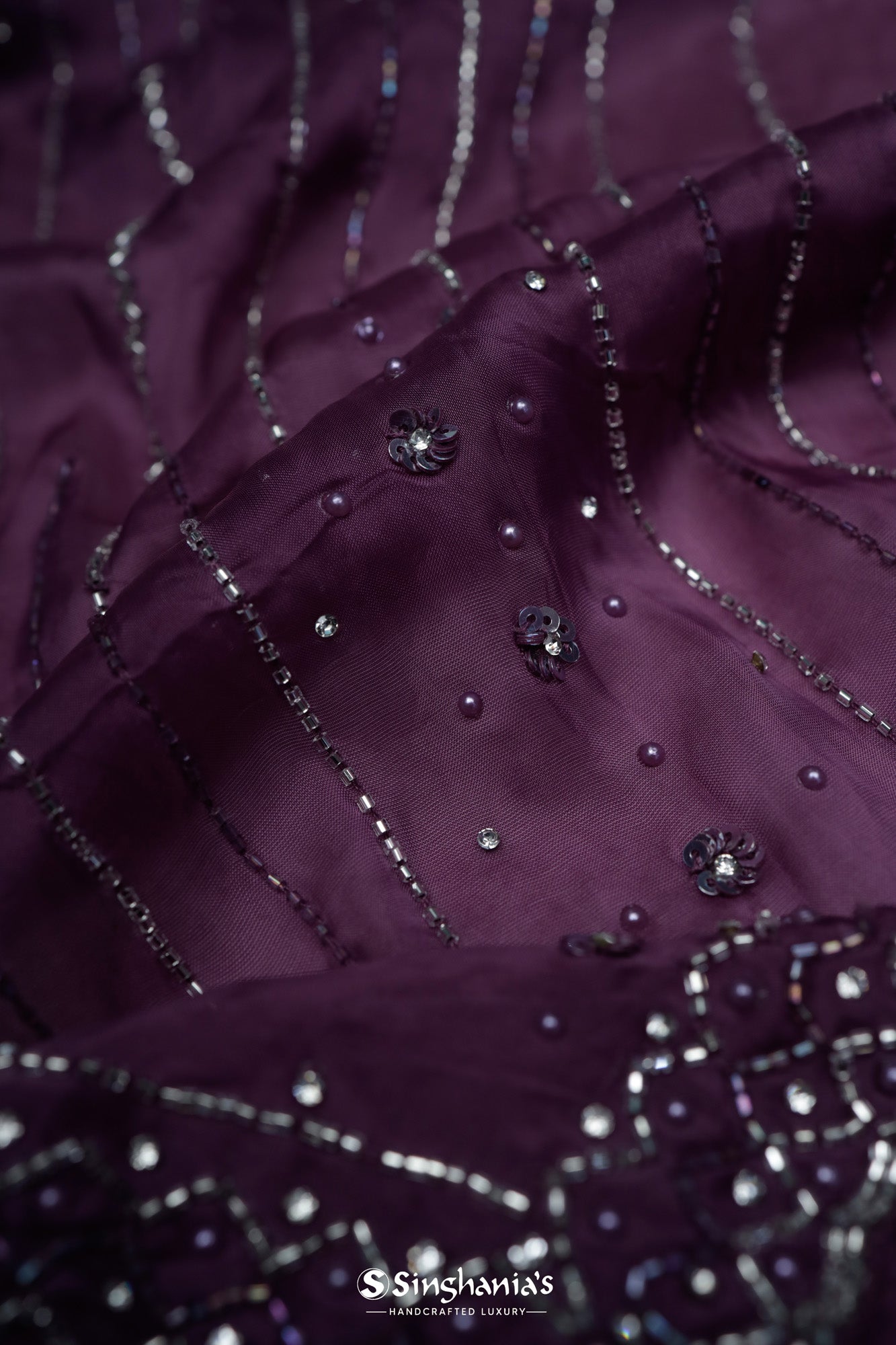 Pearly Purple Organza Saree With Hand Embroidery