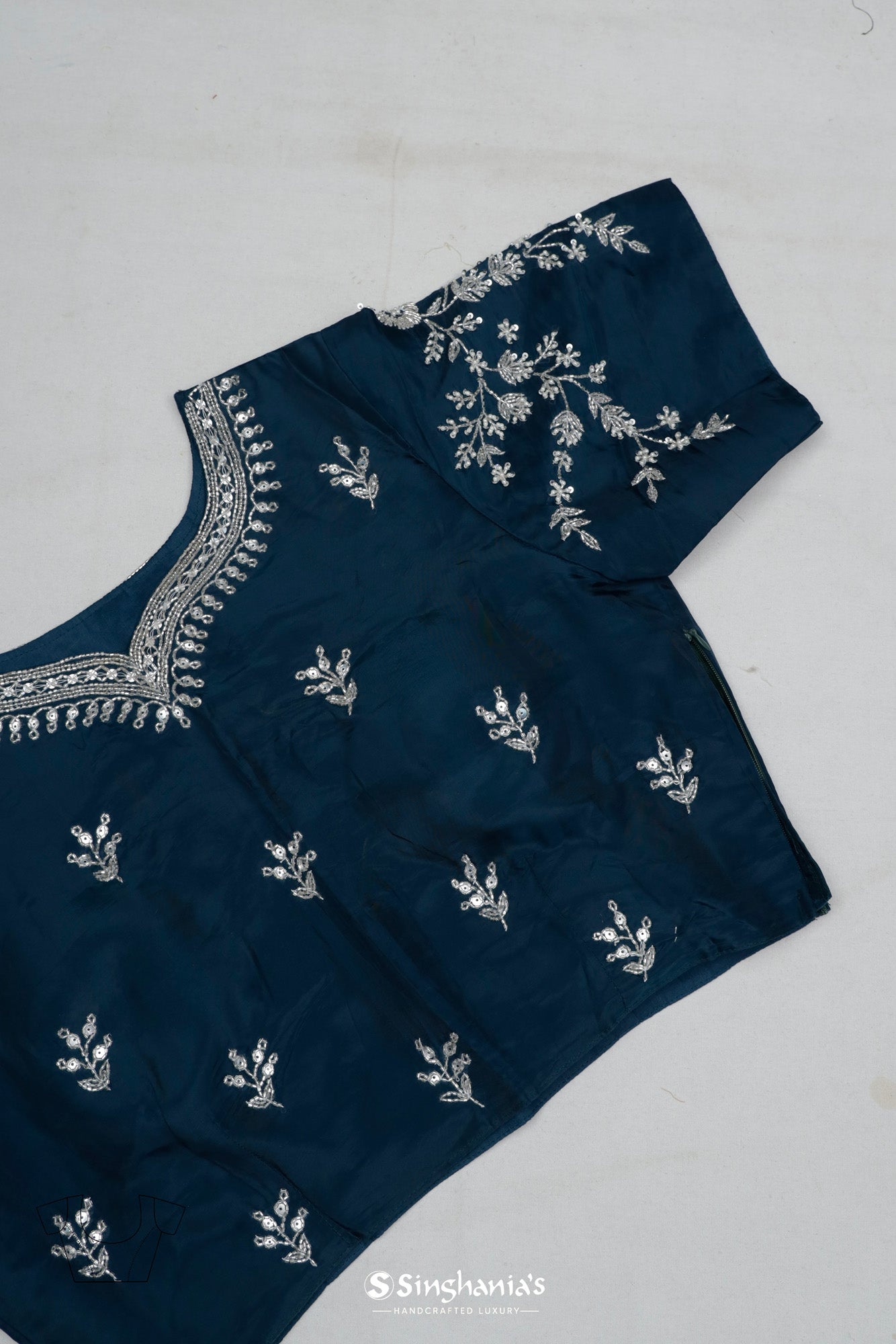 Prussian Blue Organza Saree With Hand Embroidery