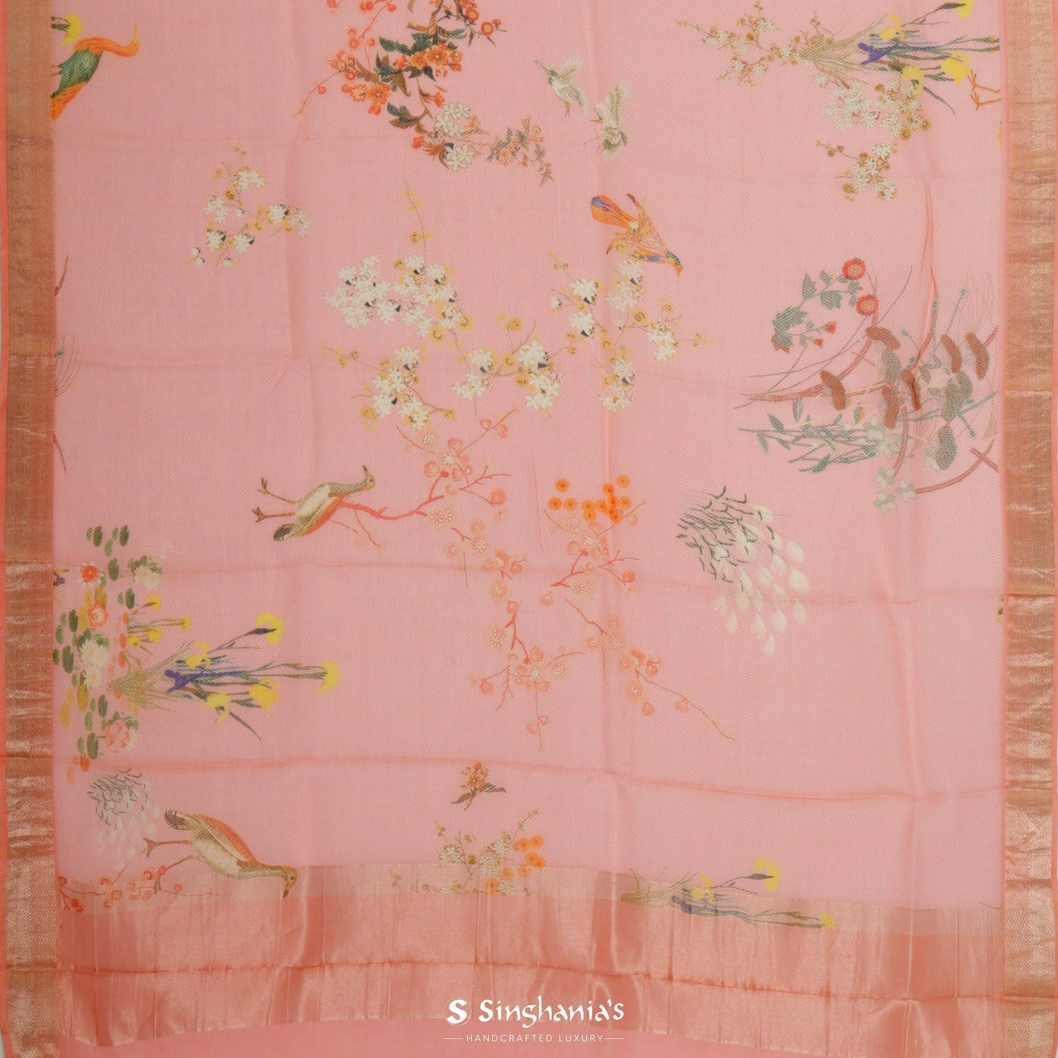 Tulip Pink Printed Maheshwari Saree With Floral Pattern