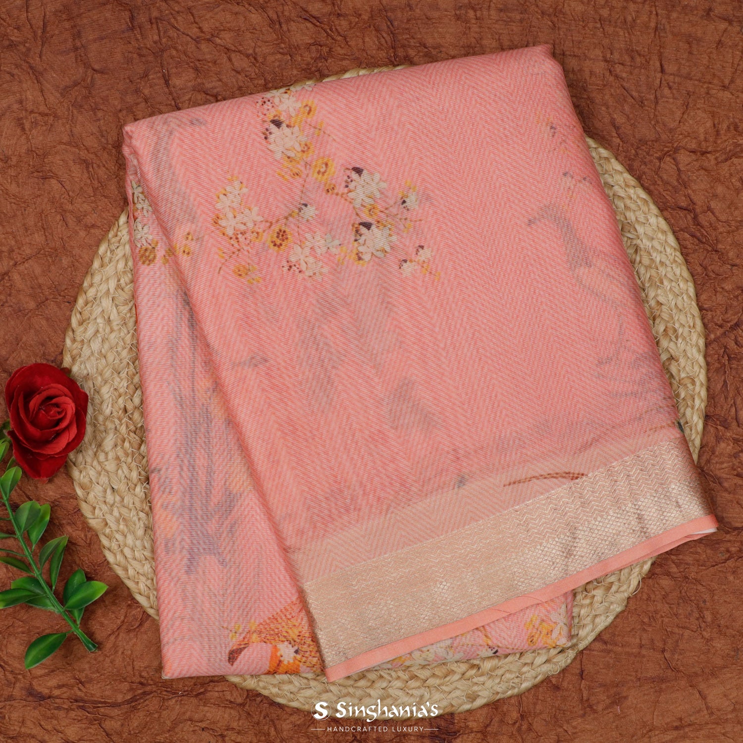 Tulip Pink Printed Maheshwari Saree With Floral Pattern