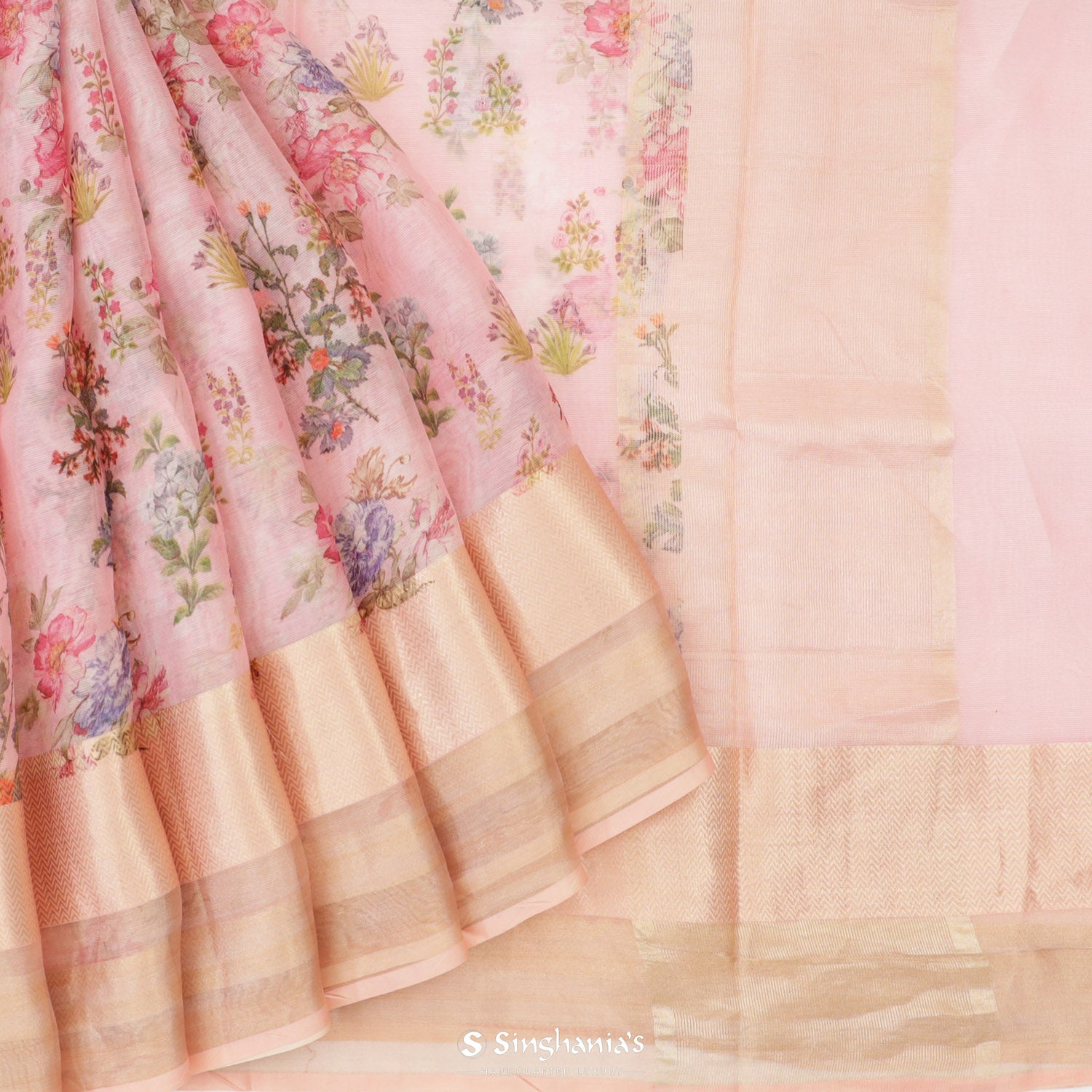 Light Pink Printed Maheshwari Saree With Geometrical Pattern