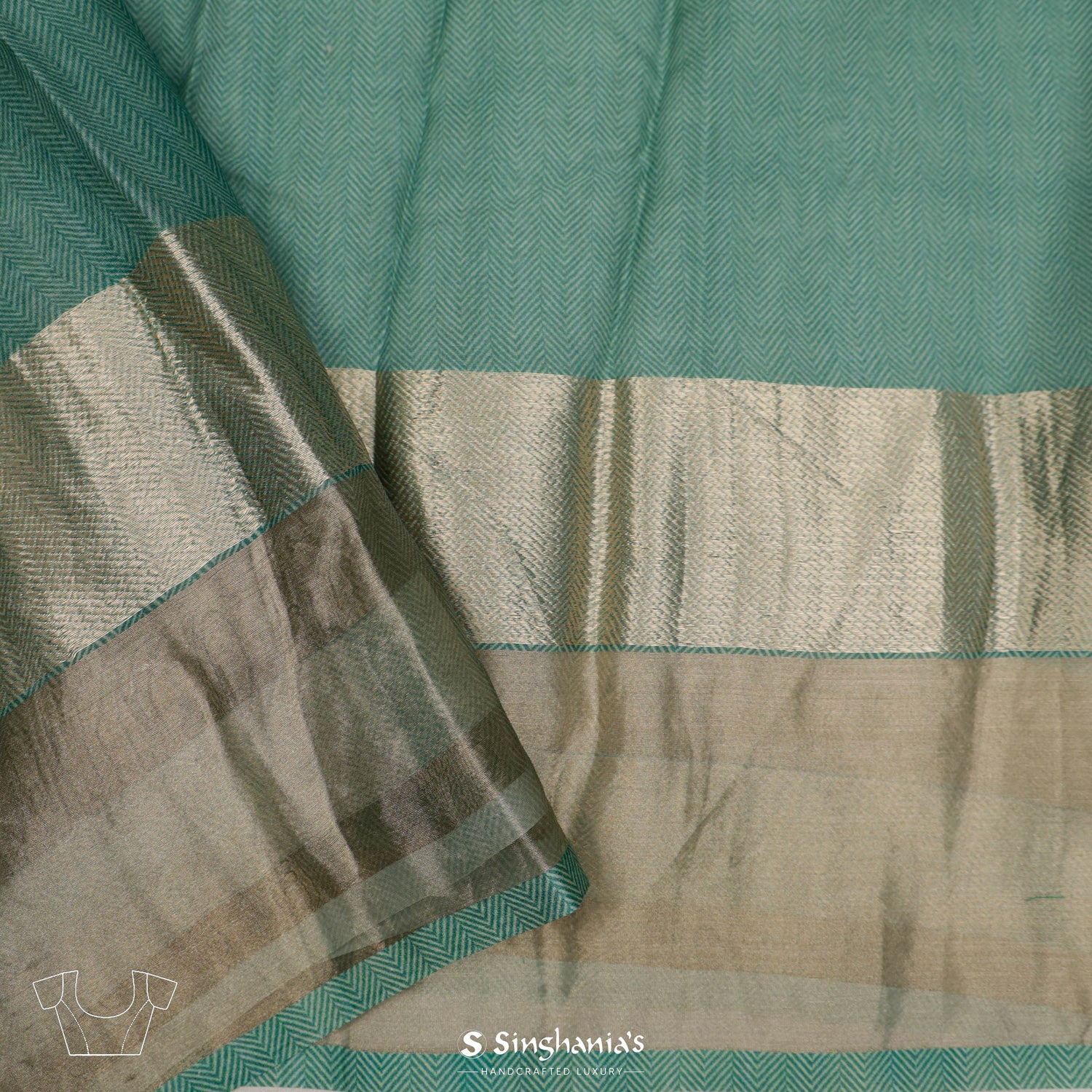 Turquoise Green Printed Maheshwari Saree With Floral Pattern