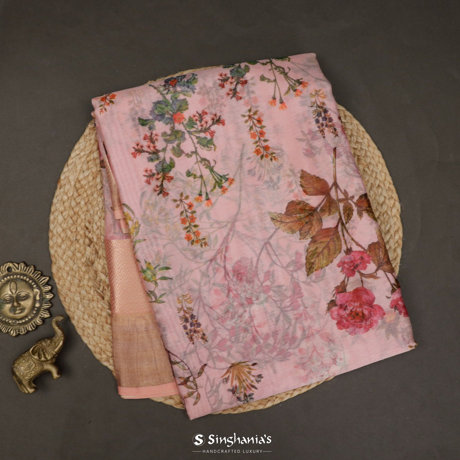 Pale Pink Printed Maheshwari Saree With Geometrical Pattern