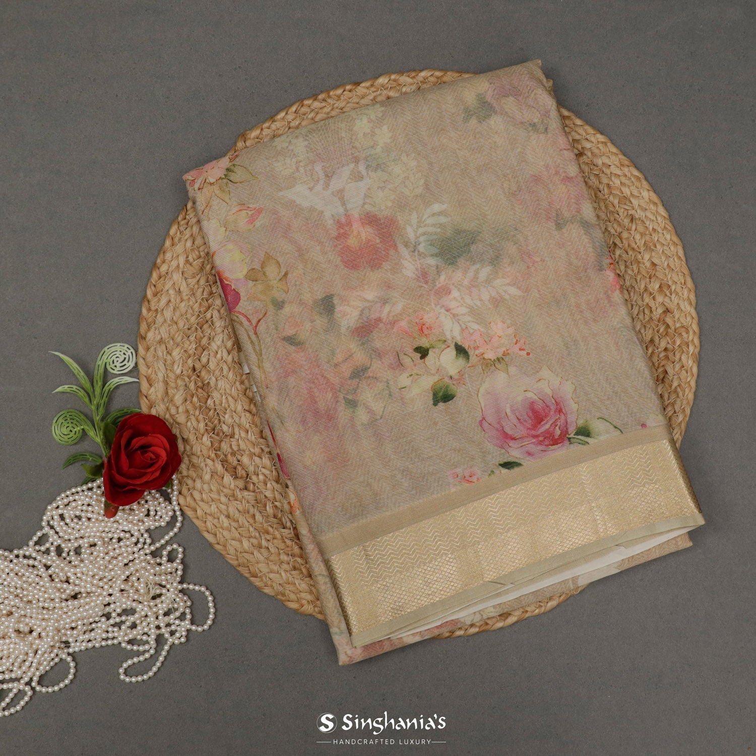 Bavarian Cream Printed Maheshwari Saree With Floral Pattern