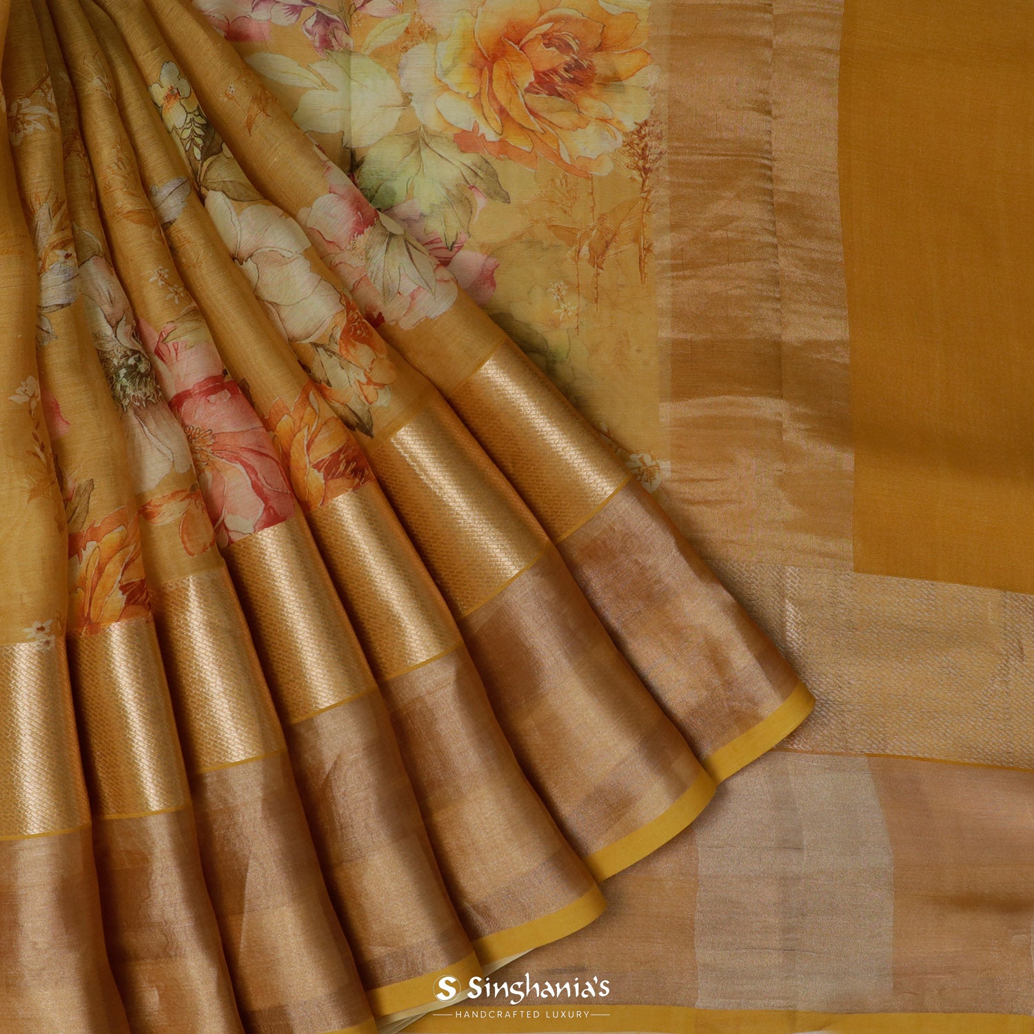 Dijon Yellow Printed Maheshwari Saree With Floral Jaal Pattern