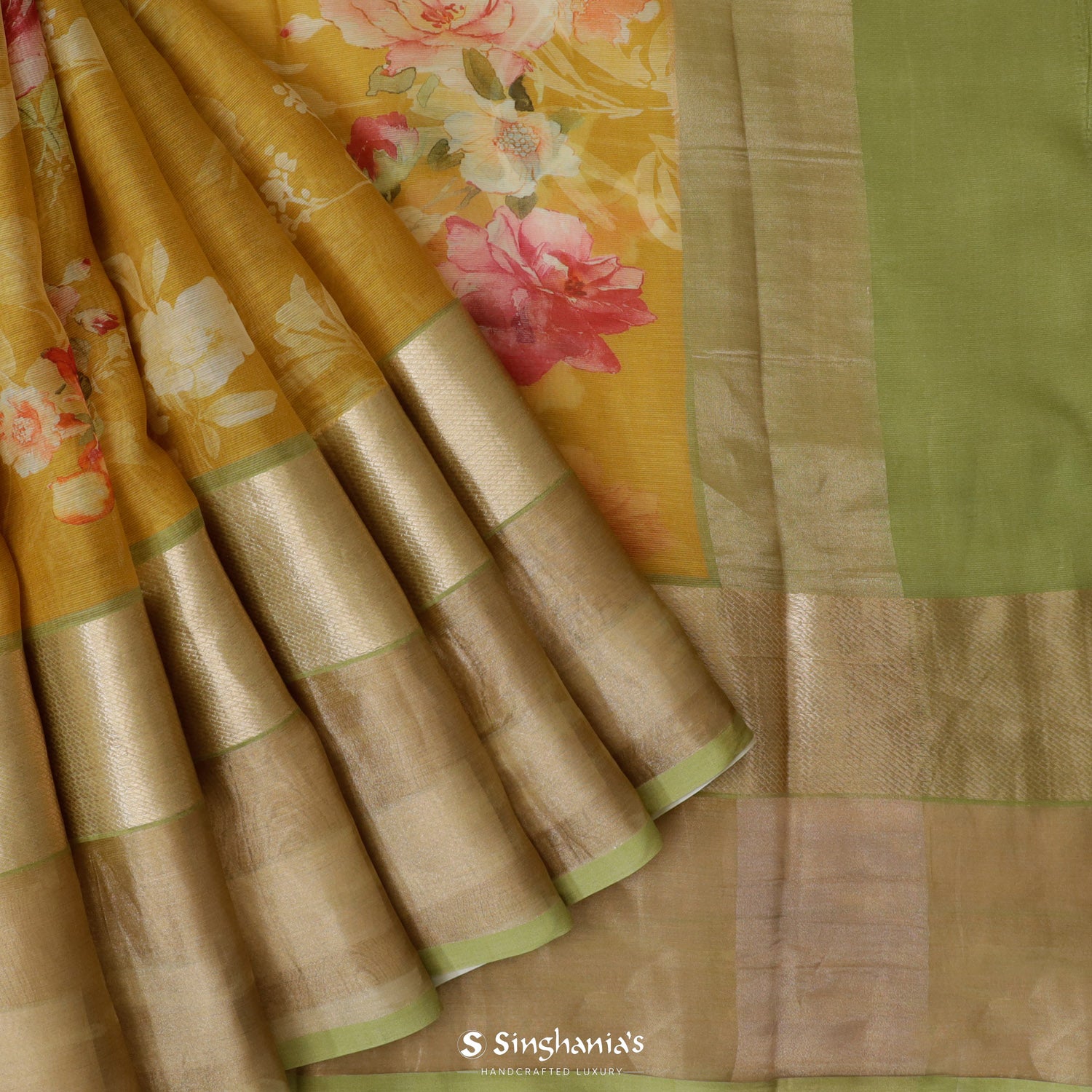 Real Gold Printed Maheswari Silk Saree With Floral Pattern
