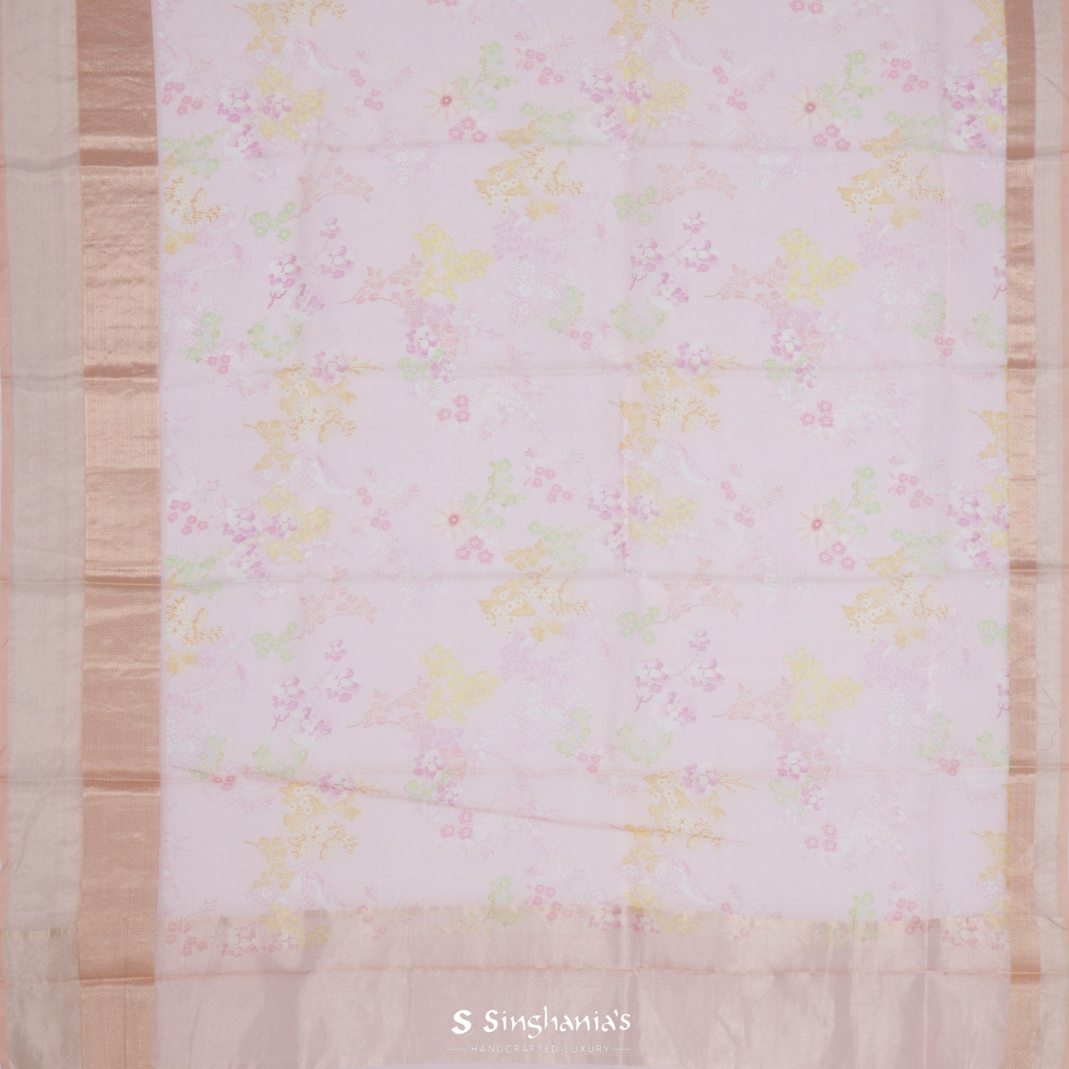 Pale Pink Printed Maheshwari Saree With Floral Pattern