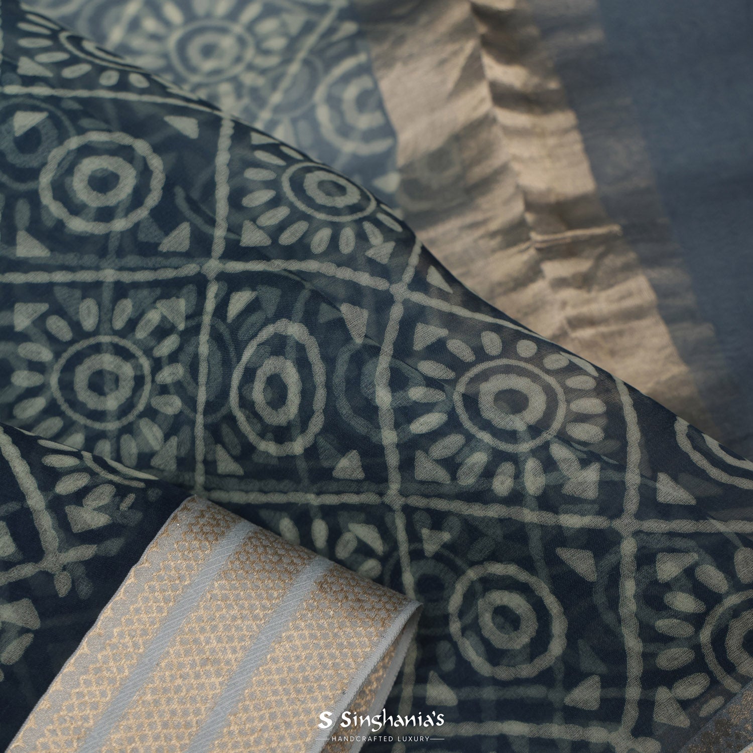 Prussian Blue Printed Organza Saree With Floral Pattern