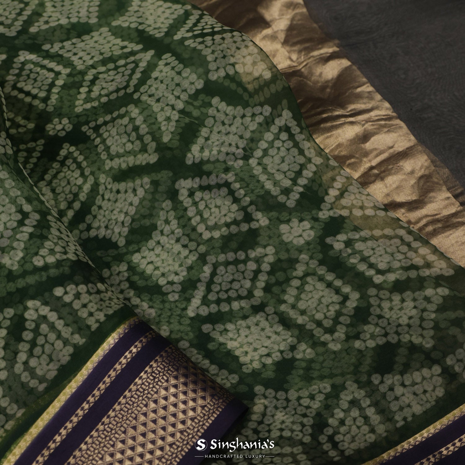 Phthalo Green Printed Organza Saree With Bandhini Pattern