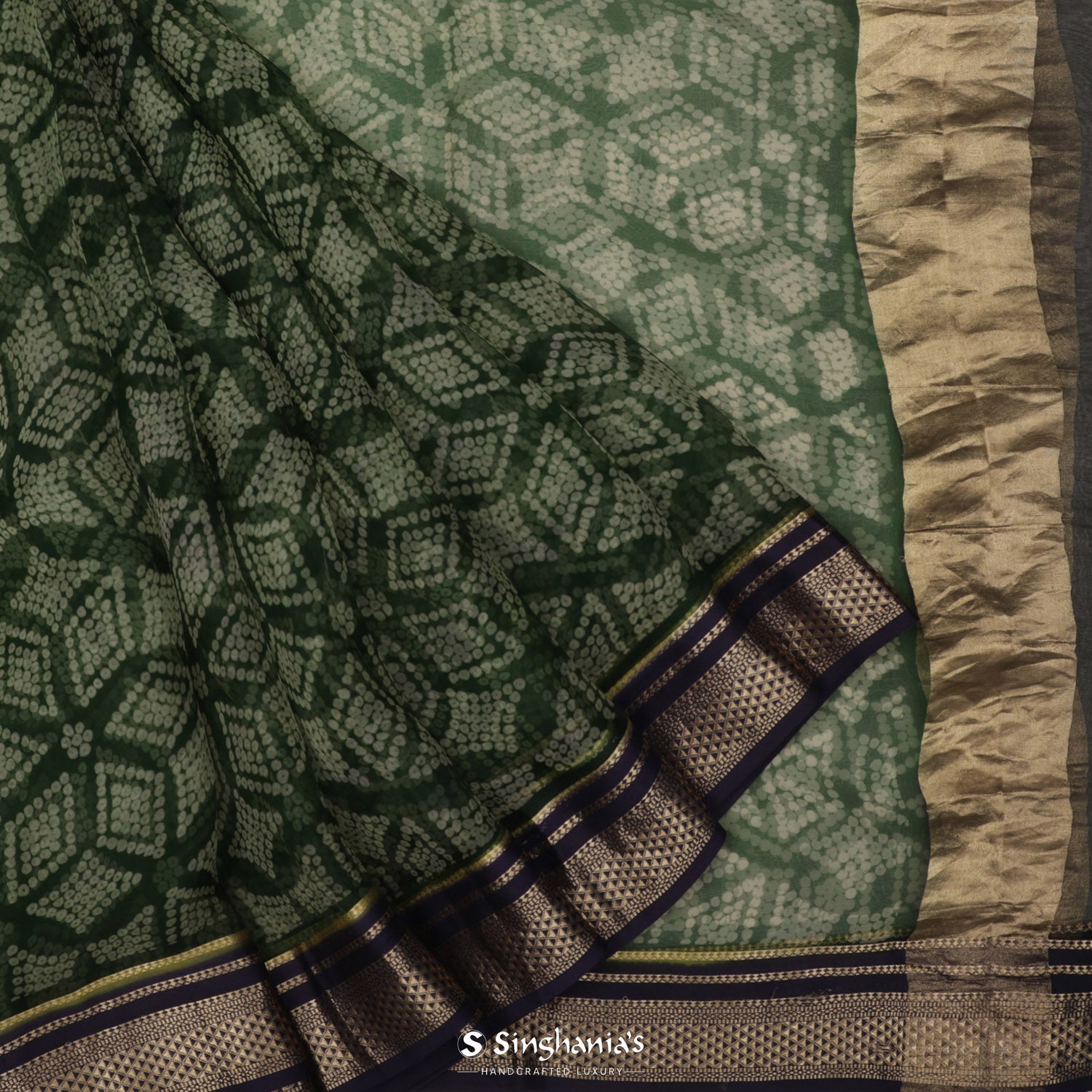 Phthalo Green Printed Organza Saree With Bandhini Pattern