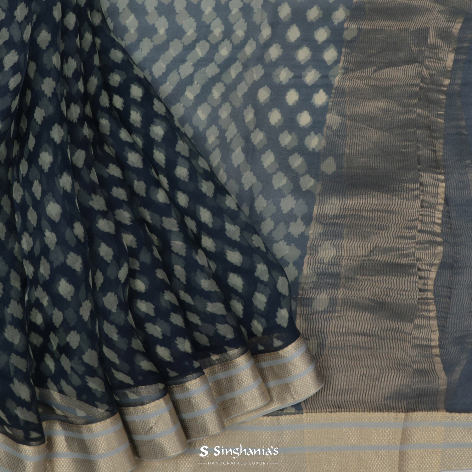 Brewers Blue Printed Organza Saree With Abstract Pattern