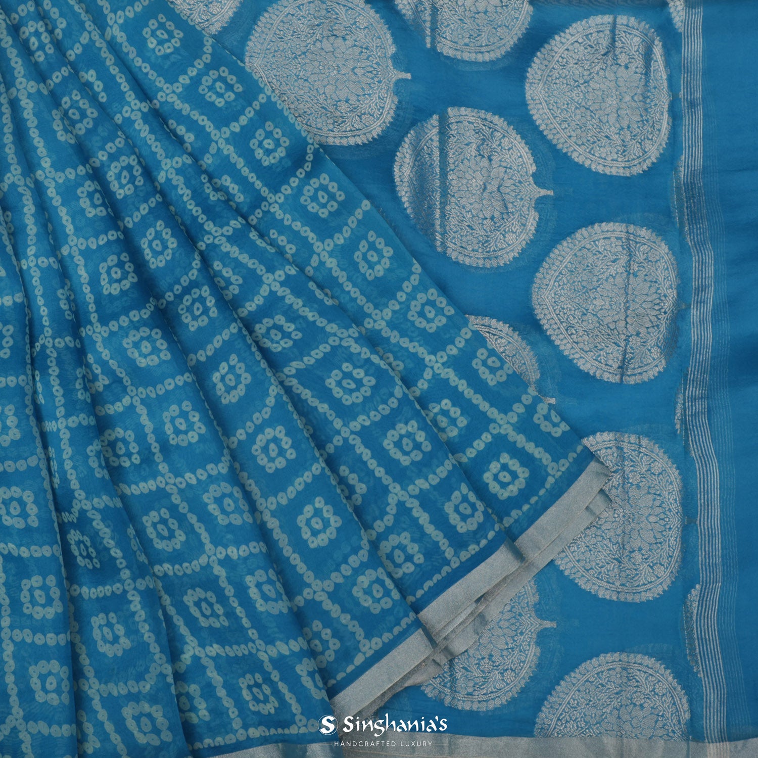 Carolina Blue Printed Organza Saree With Bandhini Pattern