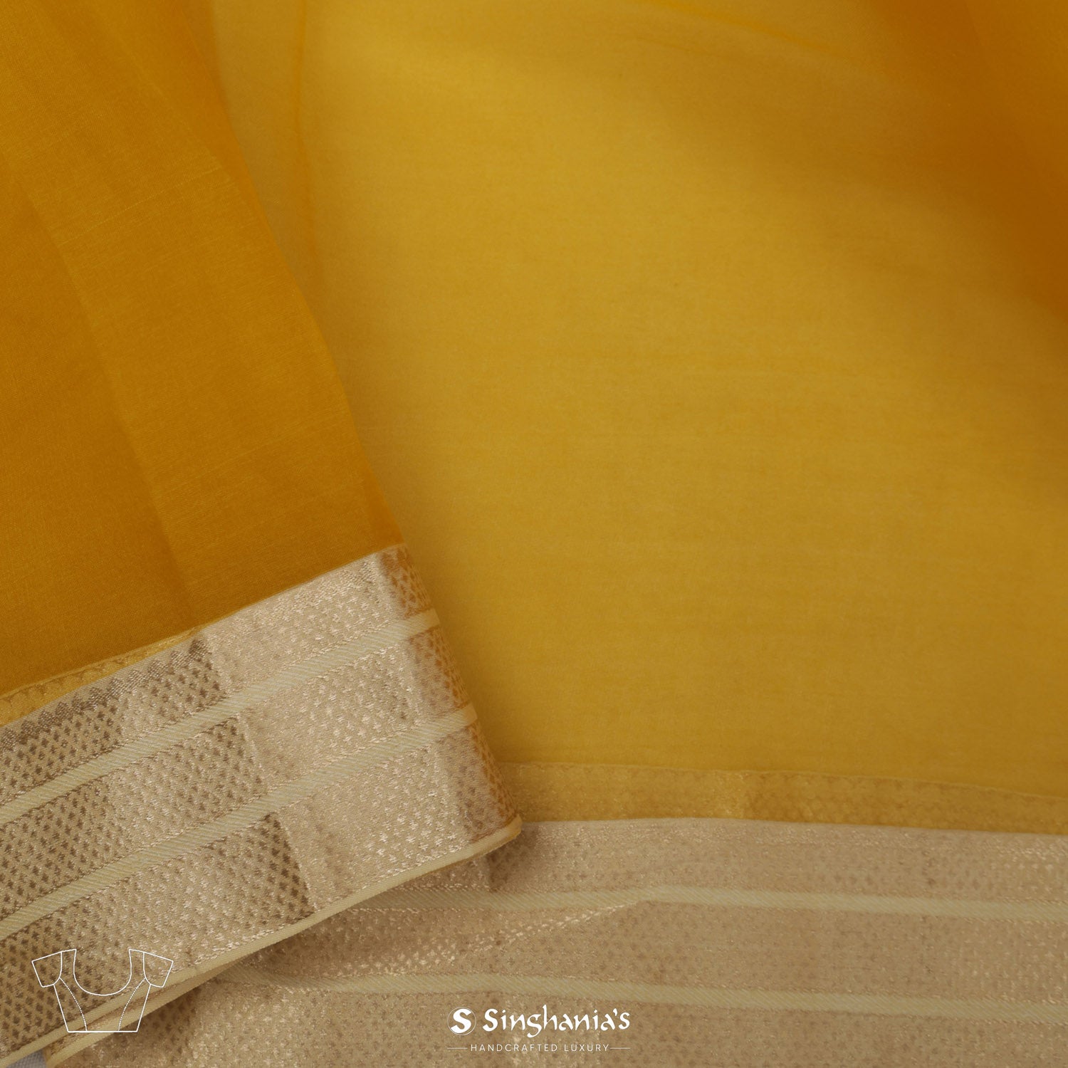 Golden Yellow Printed Organza Saree With Floral Pattern