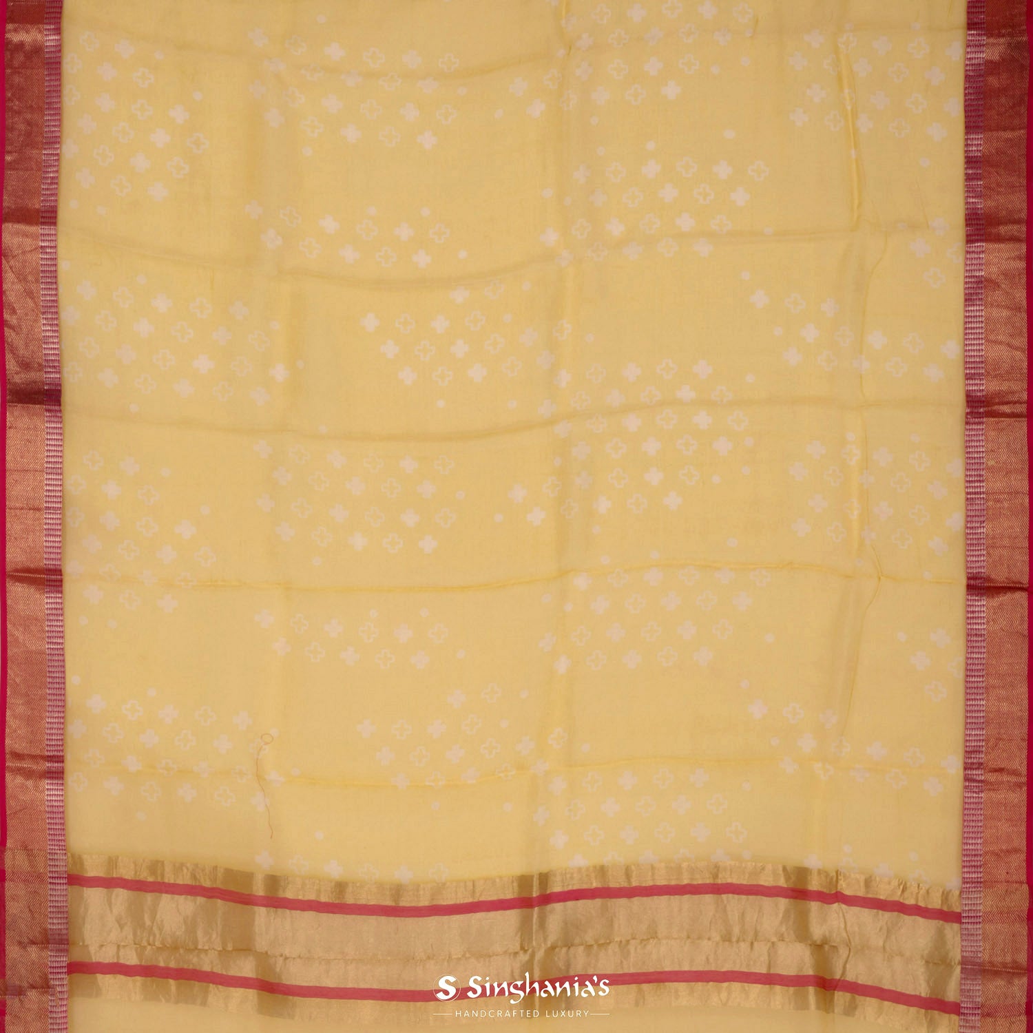Bright Yellow Printed Organza Saree With Abstract Pattern