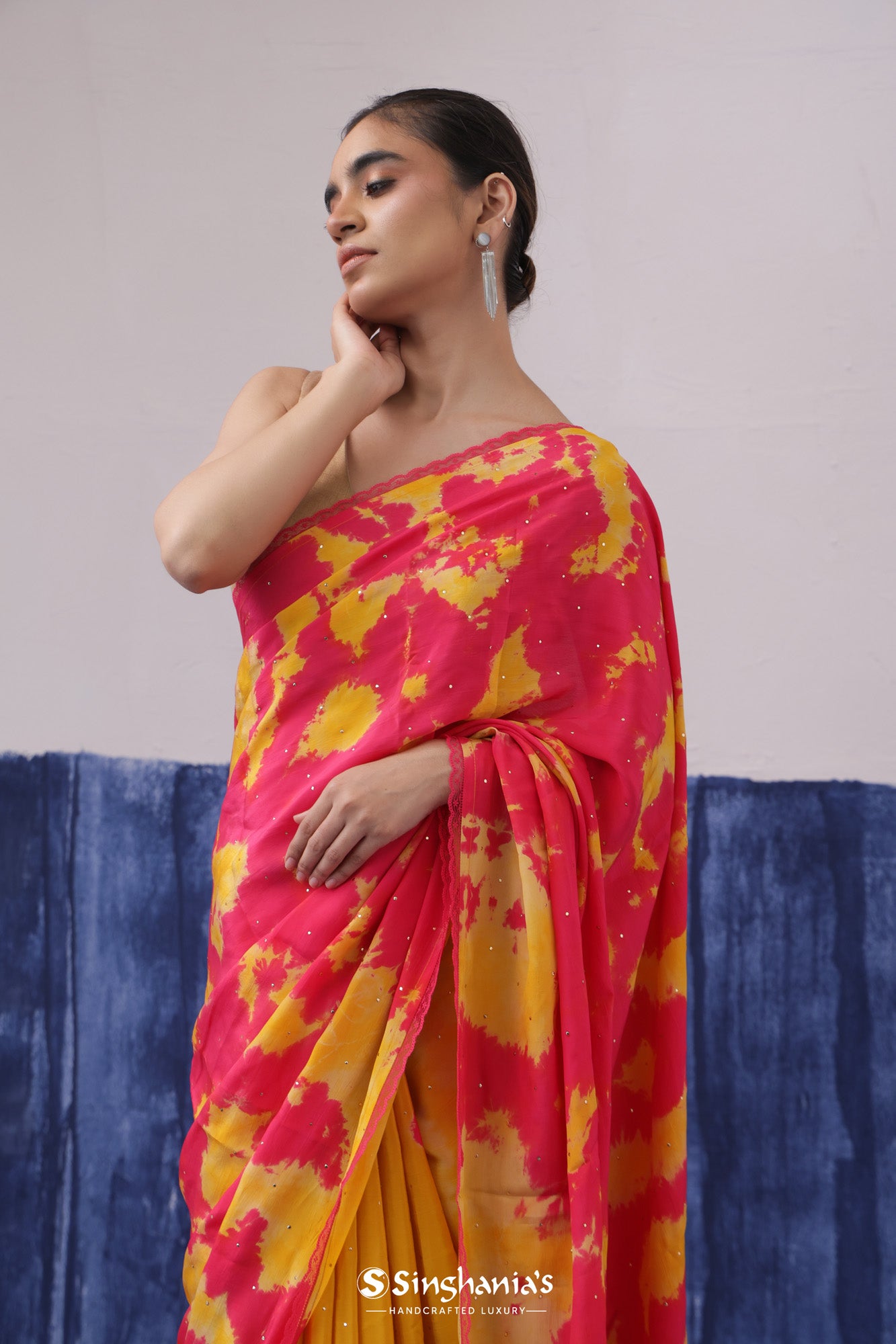 Pink Yellow Satin Saree With Tie-Dye Pattern