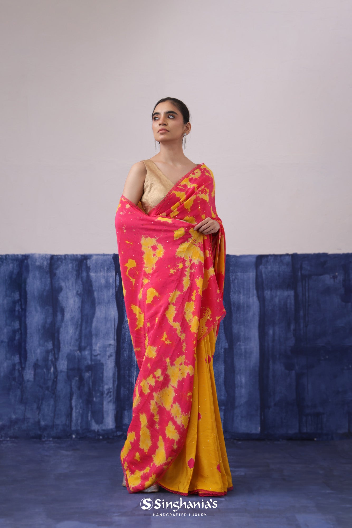 Pink Yellow Satin Saree With Tie-Dye Pattern