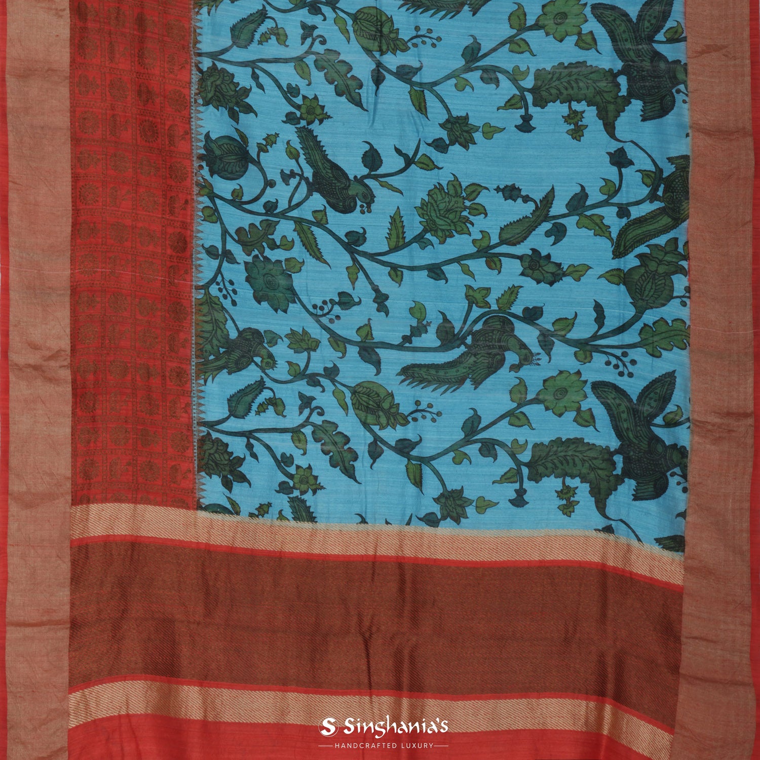 Vivid Sky Blue Printed Matka Saree With Kalamkari Inspired Pattern